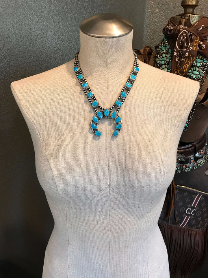 The Goldson Turquoise Squash Blossom Necklace Set-Necklaces-Calli Co., Turquoise and Silver Jewelry, Native American Handmade, Zuni Tribe, Navajo Tribe, Brock Texas