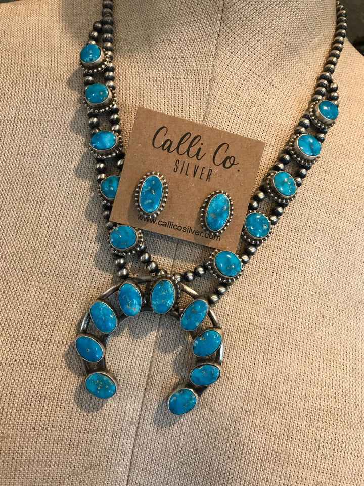 The Goldson Turquoise Squash Blossom Necklace Set-Necklaces-Calli Co., Turquoise and Silver Jewelry, Native American Handmade, Zuni Tribe, Navajo Tribe, Brock Texas