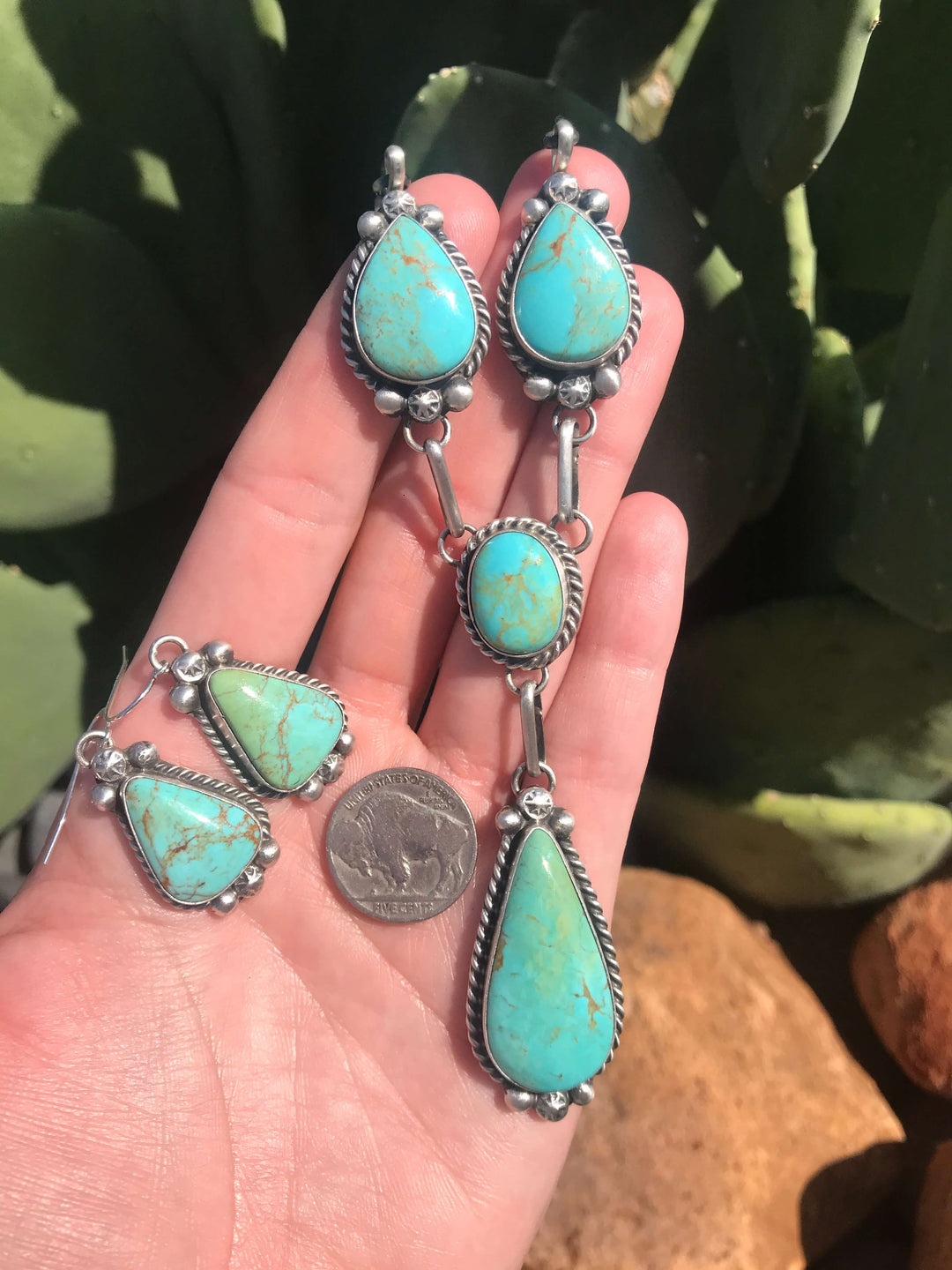 The Kiara Lariat Necklace Set-Necklaces-Calli Co., Turquoise and Silver Jewelry, Native American Handmade, Zuni Tribe, Navajo Tribe, Brock Texas
