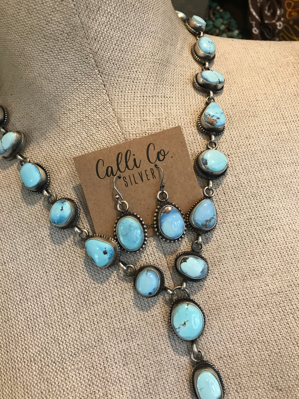 The Shiloh Golden Hills Lariat Necklace Set-Necklaces-Calli Co., Turquoise and Silver Jewelry, Native American Handmade, Zuni Tribe, Navajo Tribe, Brock Texas
