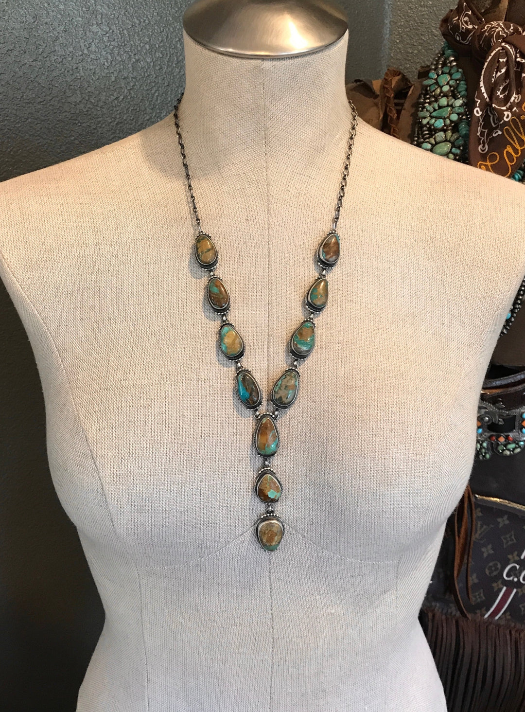 The Edy Boulder Turquoise Lariat Necklace Set-Necklaces-Calli Co., Turquoise and Silver Jewelry, Native American Handmade, Zuni Tribe, Navajo Tribe, Brock Texas