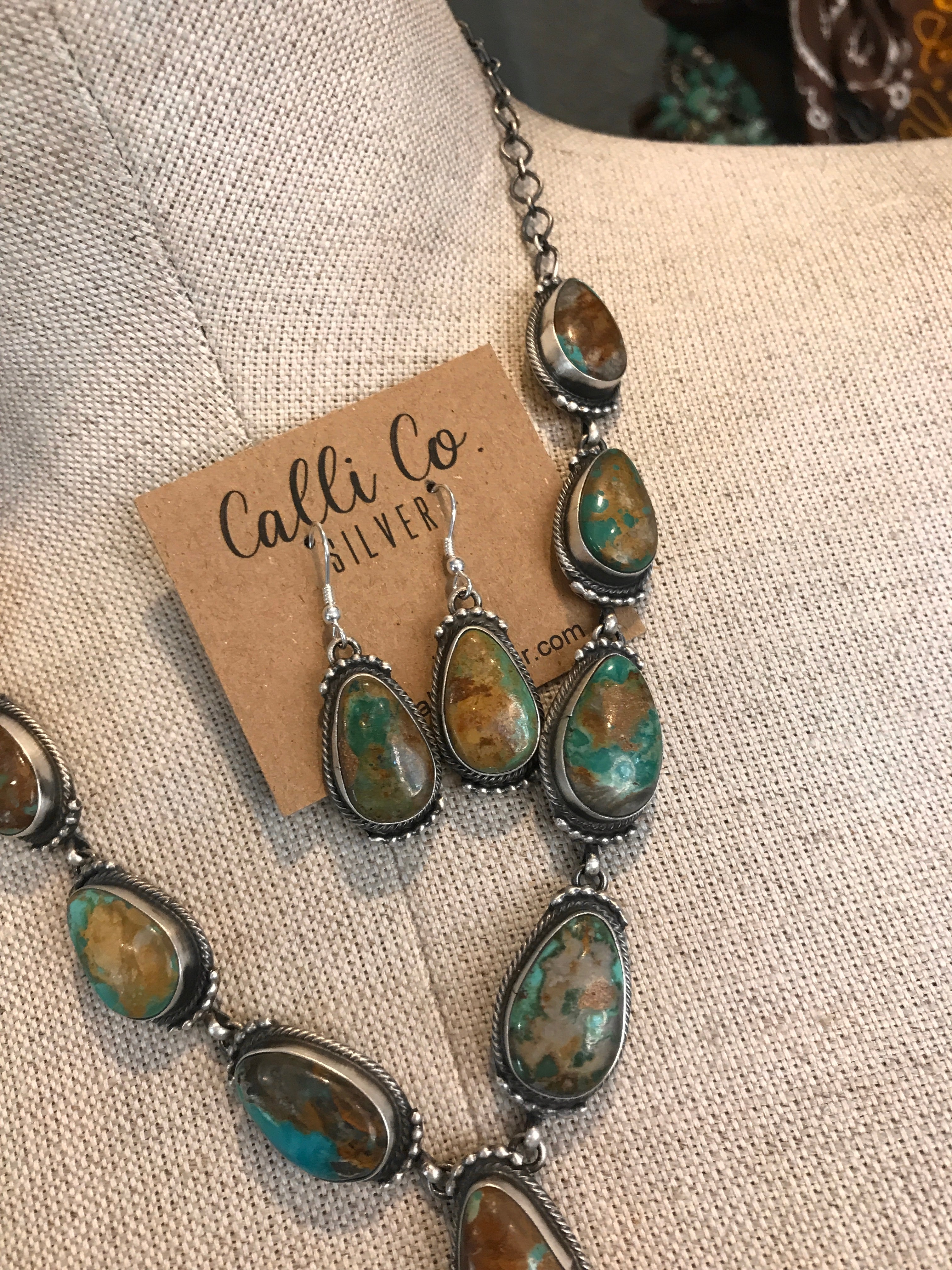 The Edy Boulder Turquoise Lariat Necklace Set-Necklaces-Calli Co., Turquoise and Silver Jewelry, Native American Handmade, Zuni Tribe, Navajo Tribe, Brock Texas