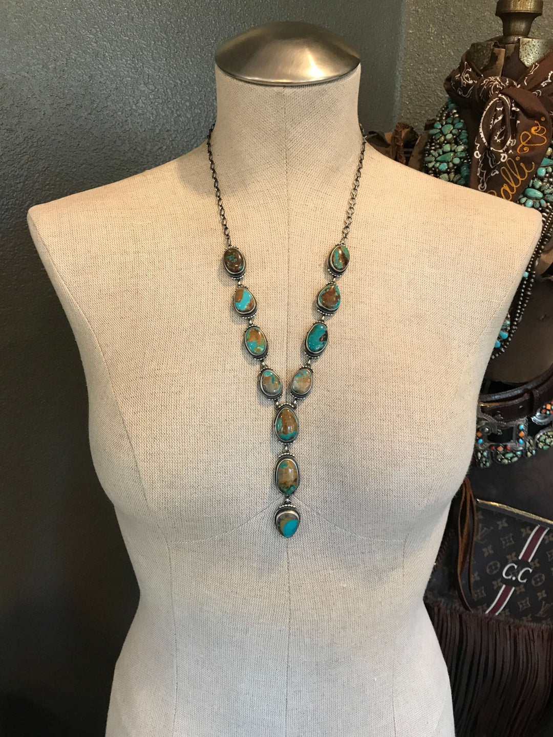 The Everyl Boulder Turquoise Lariat Necklace Set-Necklaces-Calli Co., Turquoise and Silver Jewelry, Native American Handmade, Zuni Tribe, Navajo Tribe, Brock Texas