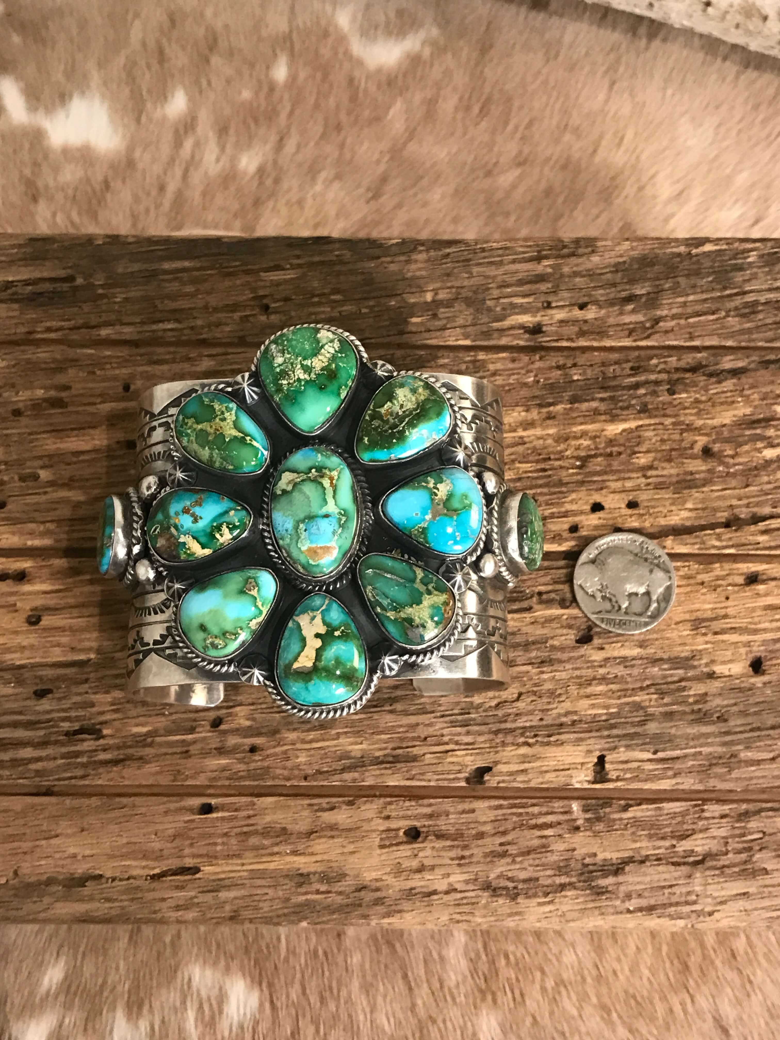 The Wellton Turquoise Cluster Cuff-Bracelets & Cuffs-Calli Co., Turquoise and Silver Jewelry, Native American Handmade, Zuni Tribe, Navajo Tribe, Brock Texas