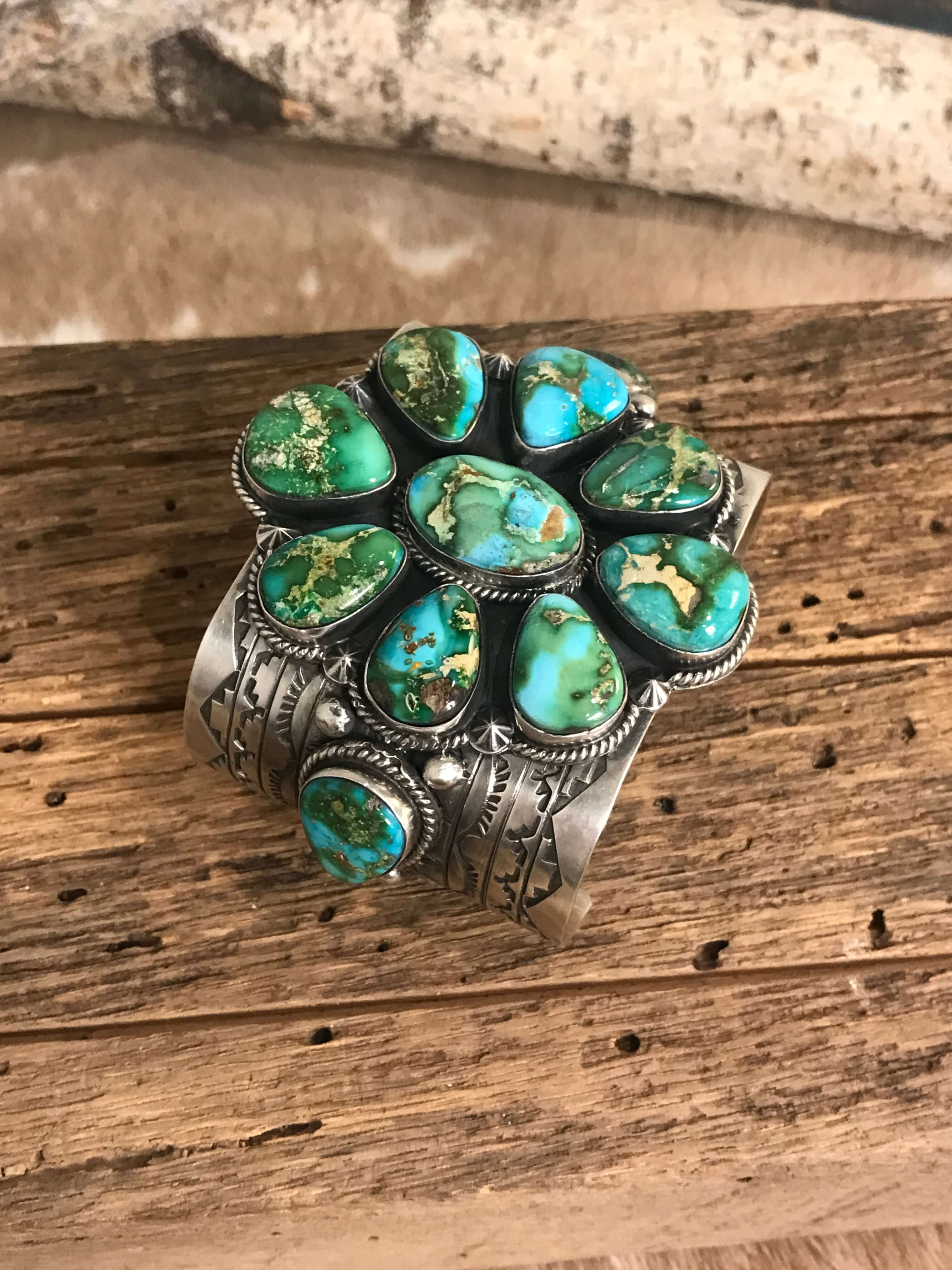 The Wellton Turquoise Cluster Cuff-Bracelets & Cuffs-Calli Co., Turquoise and Silver Jewelry, Native American Handmade, Zuni Tribe, Navajo Tribe, Brock Texas