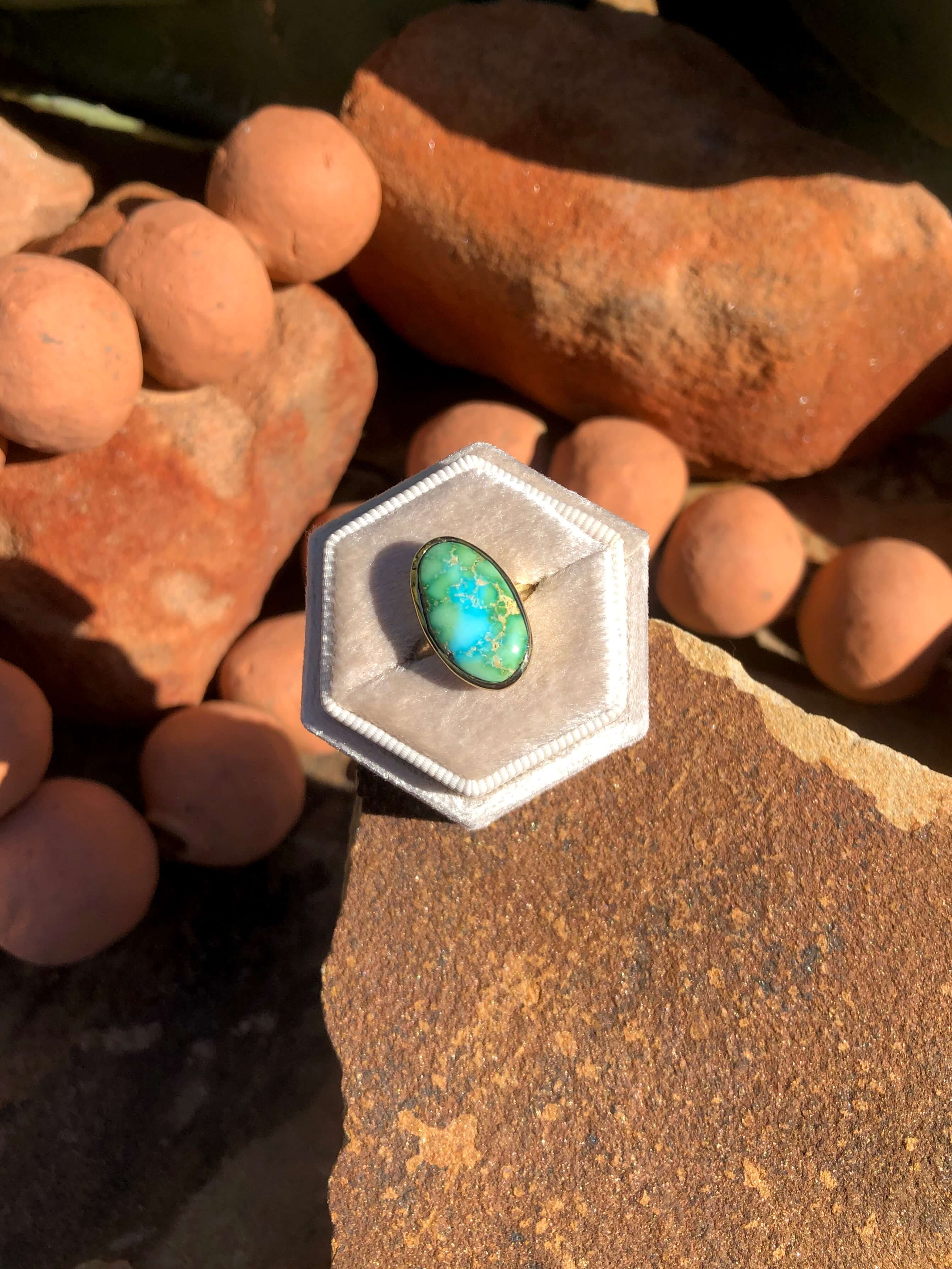 The London 14k and Turquoise Ring 12, Sz 7-Rings-Calli Co., Turquoise and Silver Jewelry, Native American Handmade, Zuni Tribe, Navajo Tribe, Brock Texas