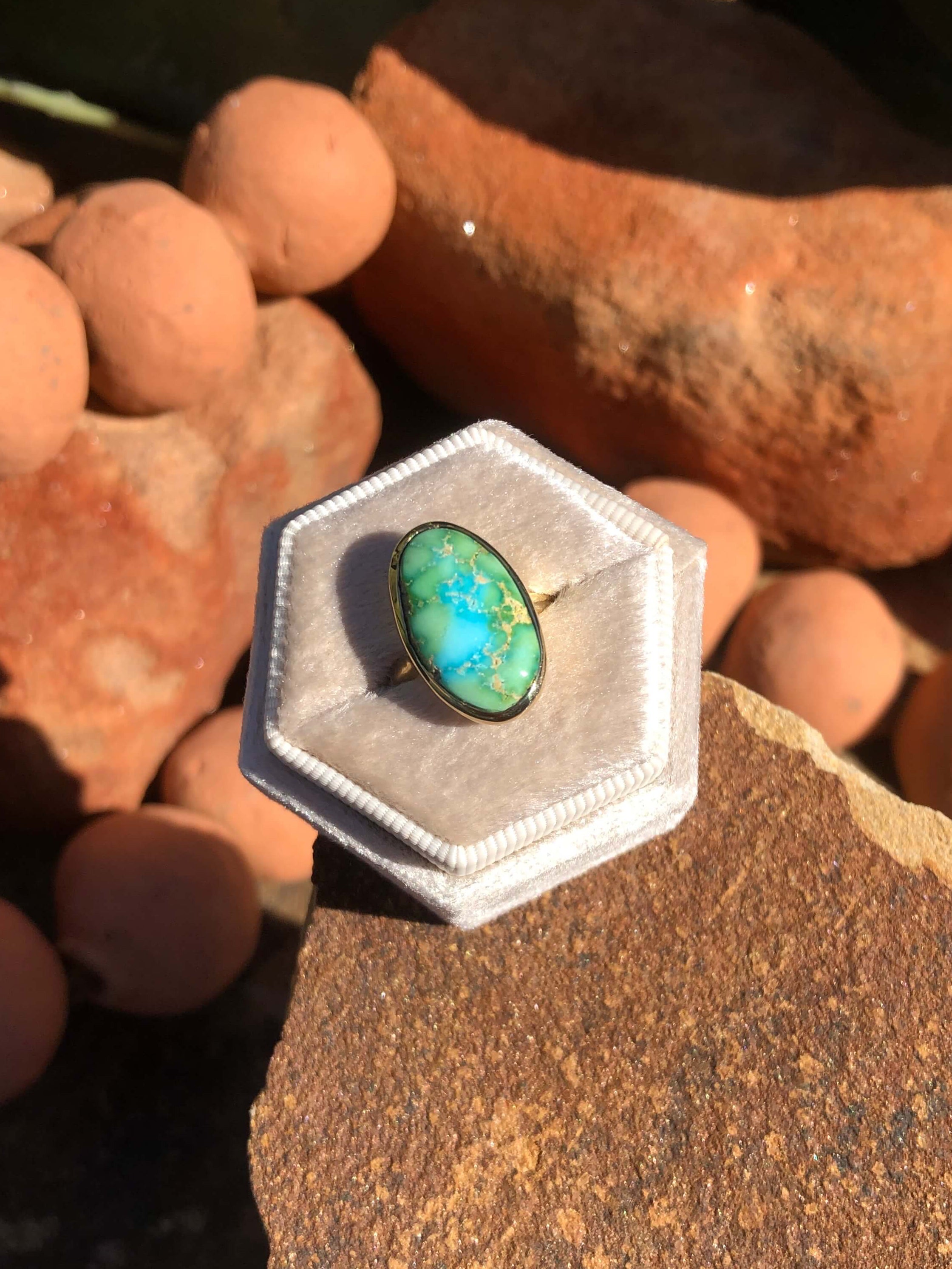 The London 14k and Turquoise Ring 12, Sz 7-Rings-Calli Co., Turquoise and Silver Jewelry, Native American Handmade, Zuni Tribe, Navajo Tribe, Brock Texas