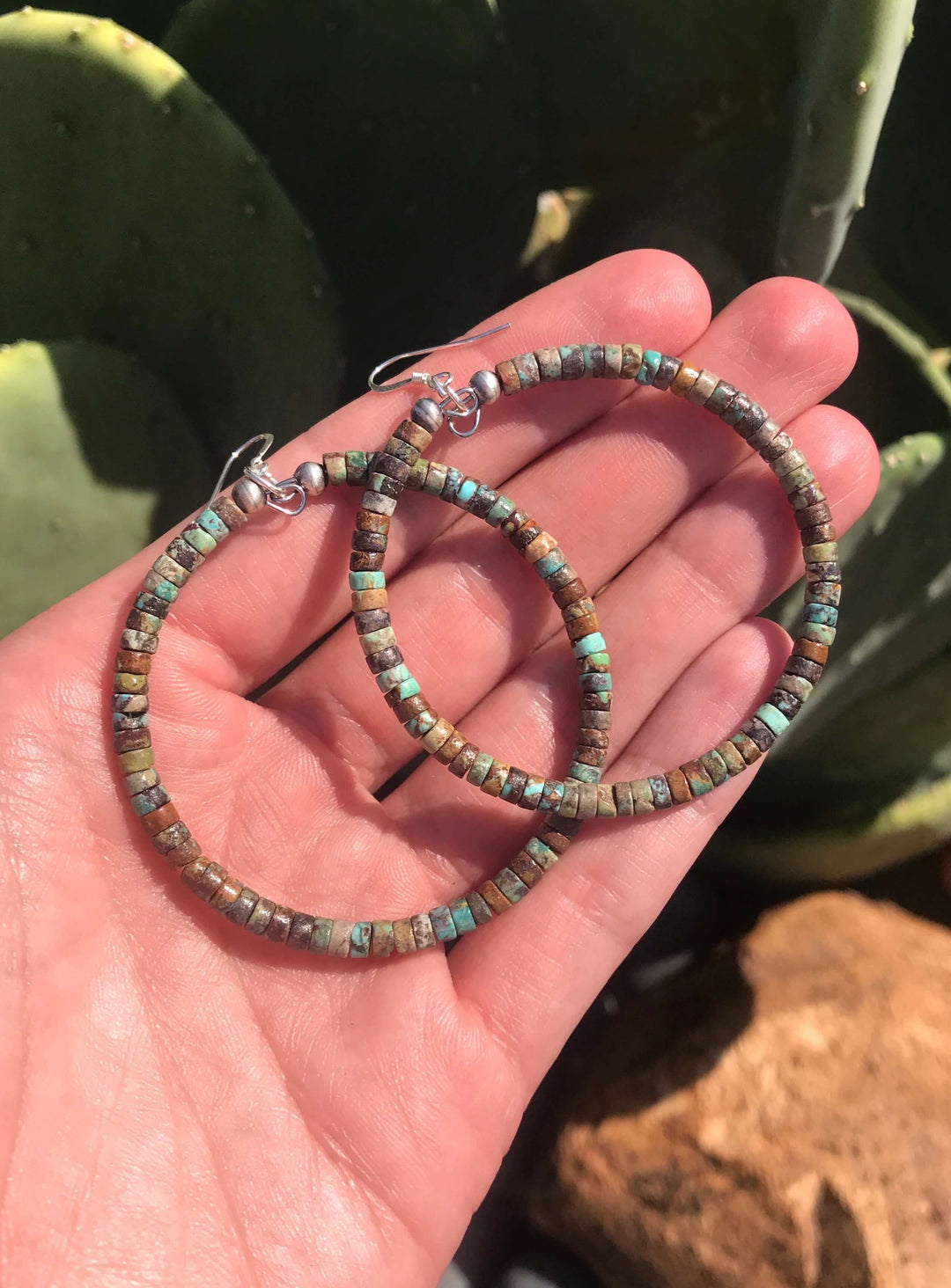 The Odessa Turquoise Hoop Earrings in Earth Tones-Earrings-Calli Co., Turquoise and Silver Jewelry, Native American Handmade, Zuni Tribe, Navajo Tribe, Brock Texas