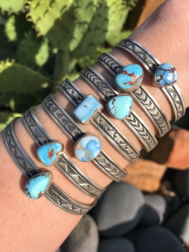 The Glenrio Golden Hill Cuffs-Bracelets & Cuffs-Calli Co., Turquoise and Silver Jewelry, Native American Handmade, Zuni Tribe, Navajo Tribe, Brock Texas