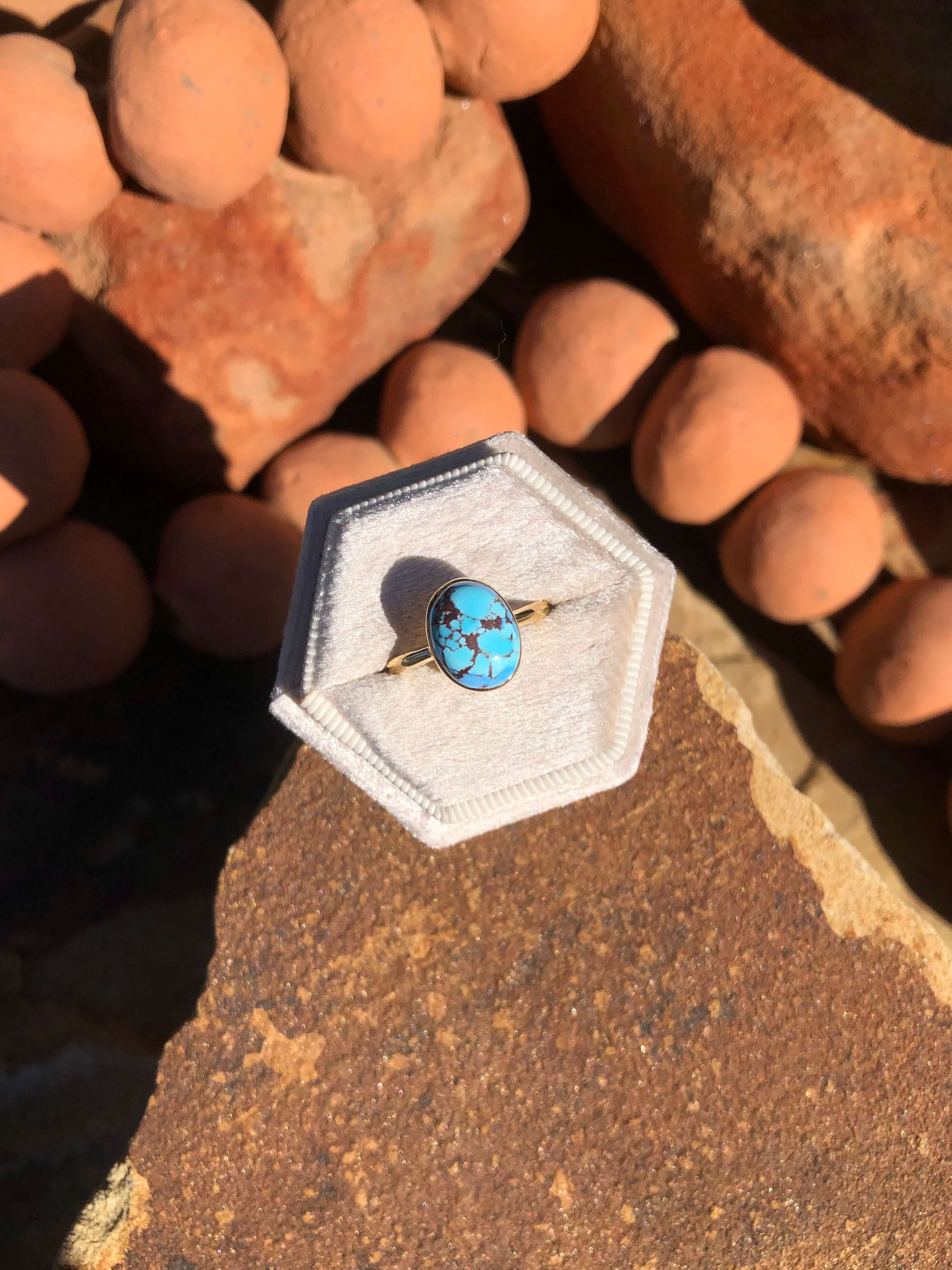 The London 14k and Turquoise Ring 21, Sz 8-Rings-Calli Co., Turquoise and Silver Jewelry, Native American Handmade, Zuni Tribe, Navajo Tribe, Brock Texas
