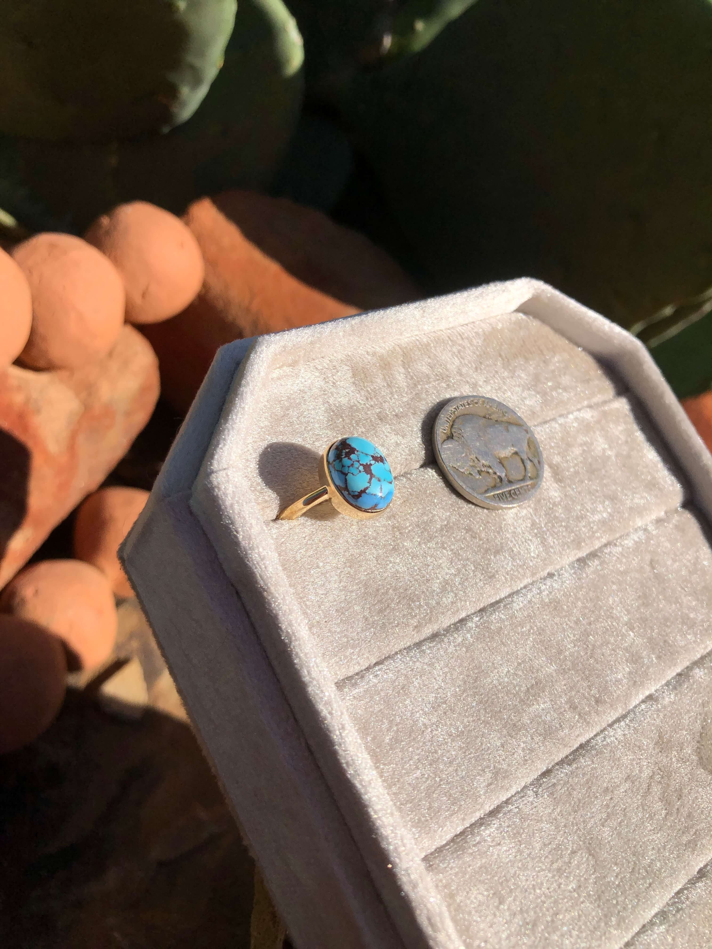The London 14k and Turquoise Ring 21, Sz 8-Rings-Calli Co., Turquoise and Silver Jewelry, Native American Handmade, Zuni Tribe, Navajo Tribe, Brock Texas