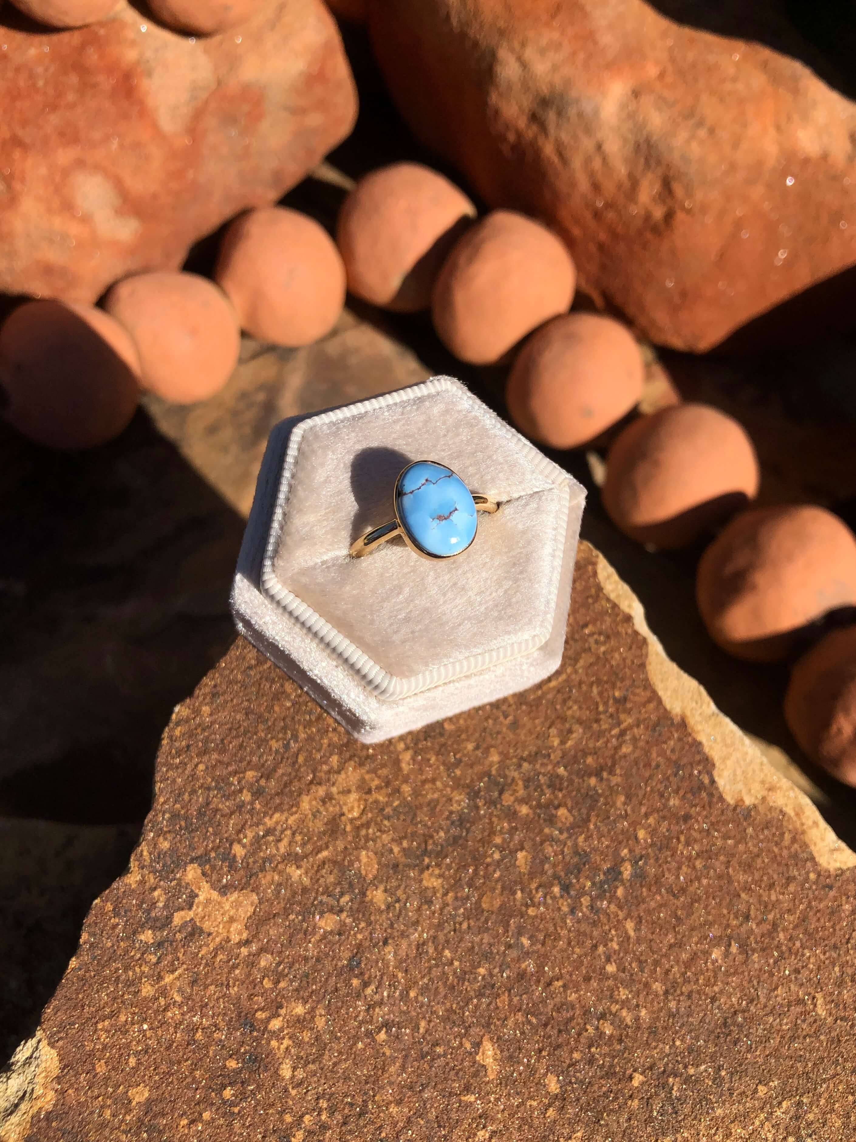 The London 14k and Turquoise Ring 22, Sz 8-Rings-Calli Co., Turquoise and Silver Jewelry, Native American Handmade, Zuni Tribe, Navajo Tribe, Brock Texas