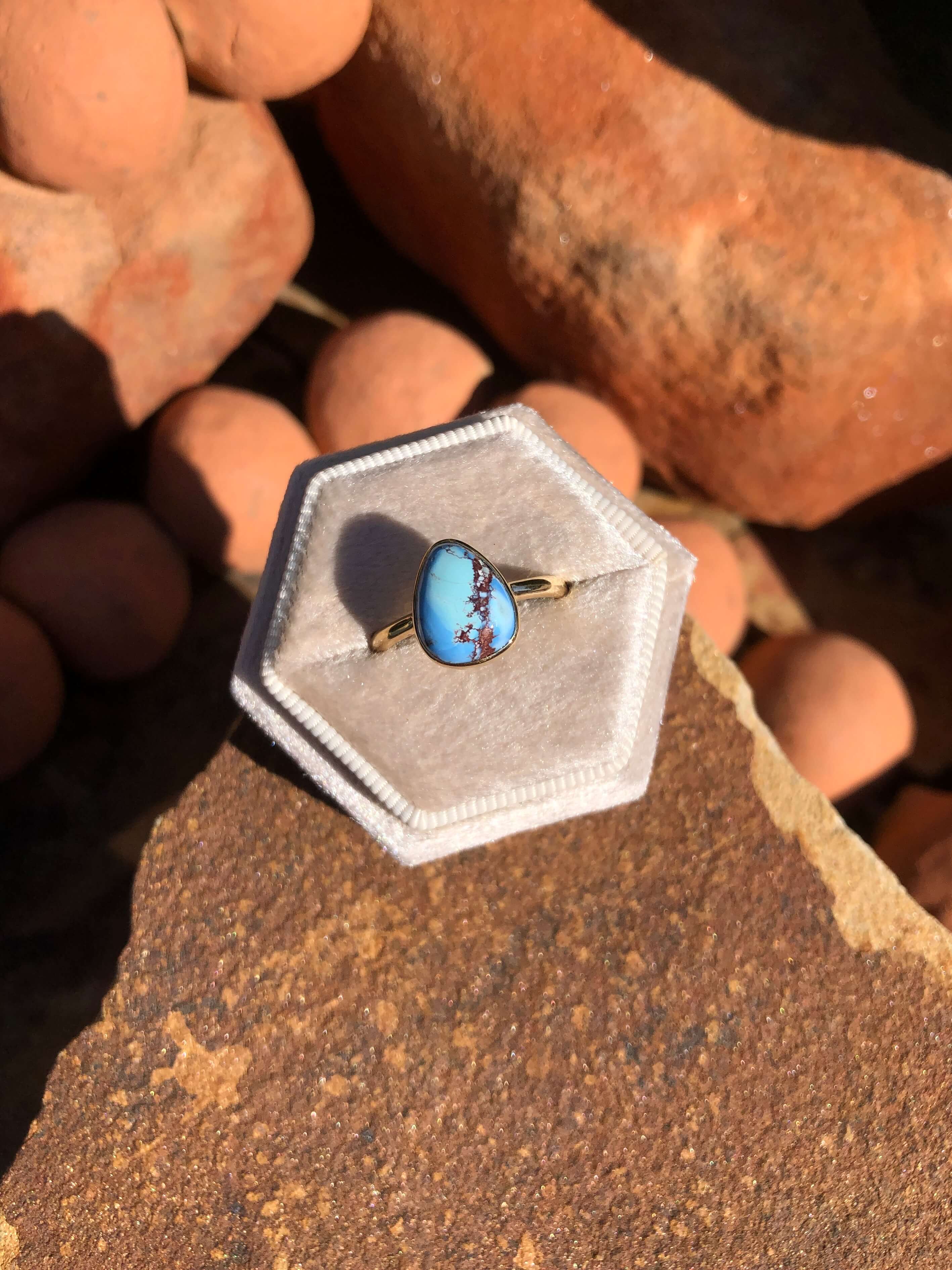 The London 14k and Turquoise Ring 23, Sz 8-Rings-Calli Co., Turquoise and Silver Jewelry, Native American Handmade, Zuni Tribe, Navajo Tribe, Brock Texas