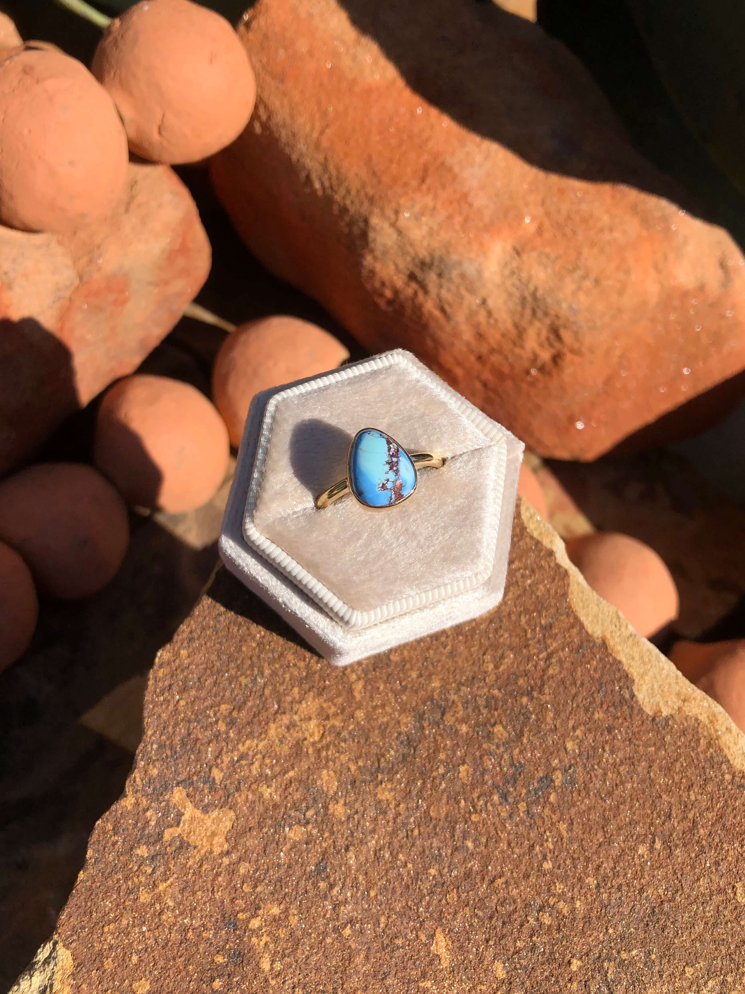 The London 14k and Turquoise Ring 23, Sz 8-Rings-Calli Co., Turquoise and Silver Jewelry, Native American Handmade, Zuni Tribe, Navajo Tribe, Brock Texas