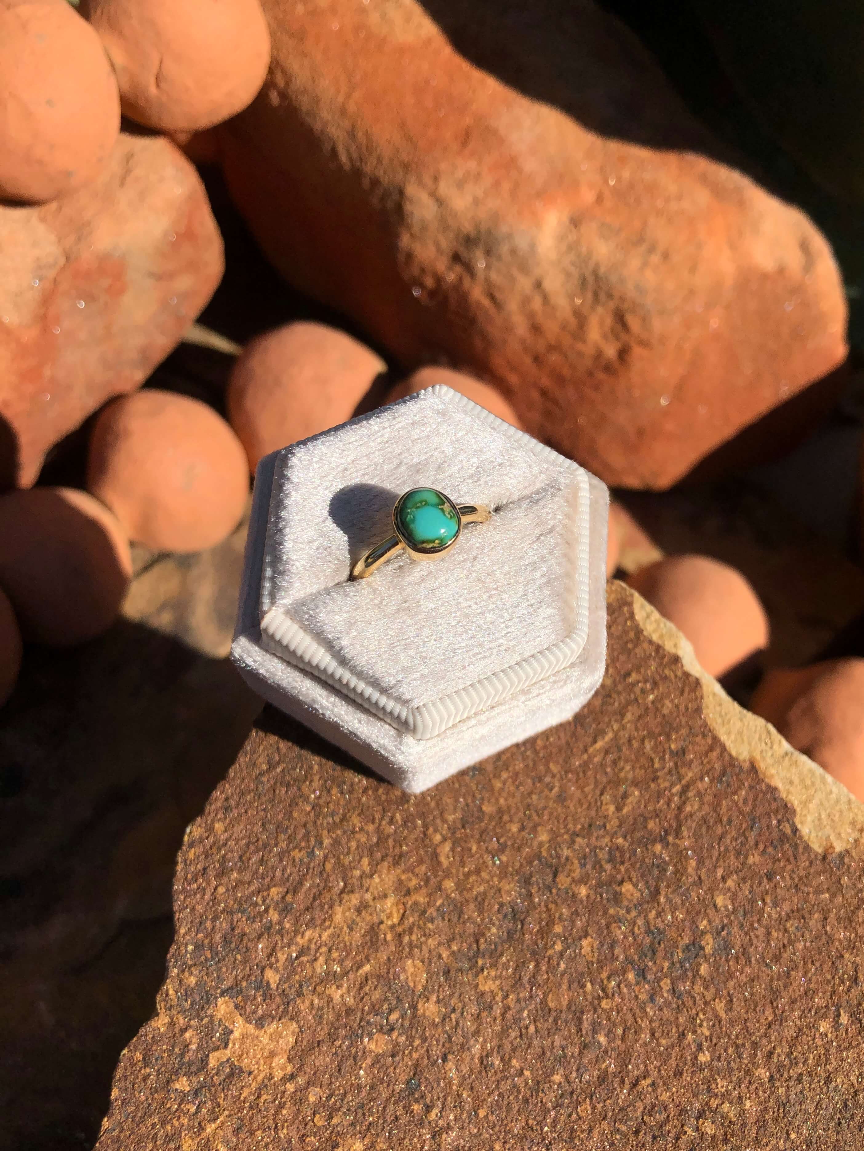 The London 14k and Turquoise Ring 27, Sz 6-Rings-Calli Co., Turquoise and Silver Jewelry, Native American Handmade, Zuni Tribe, Navajo Tribe, Brock Texas
