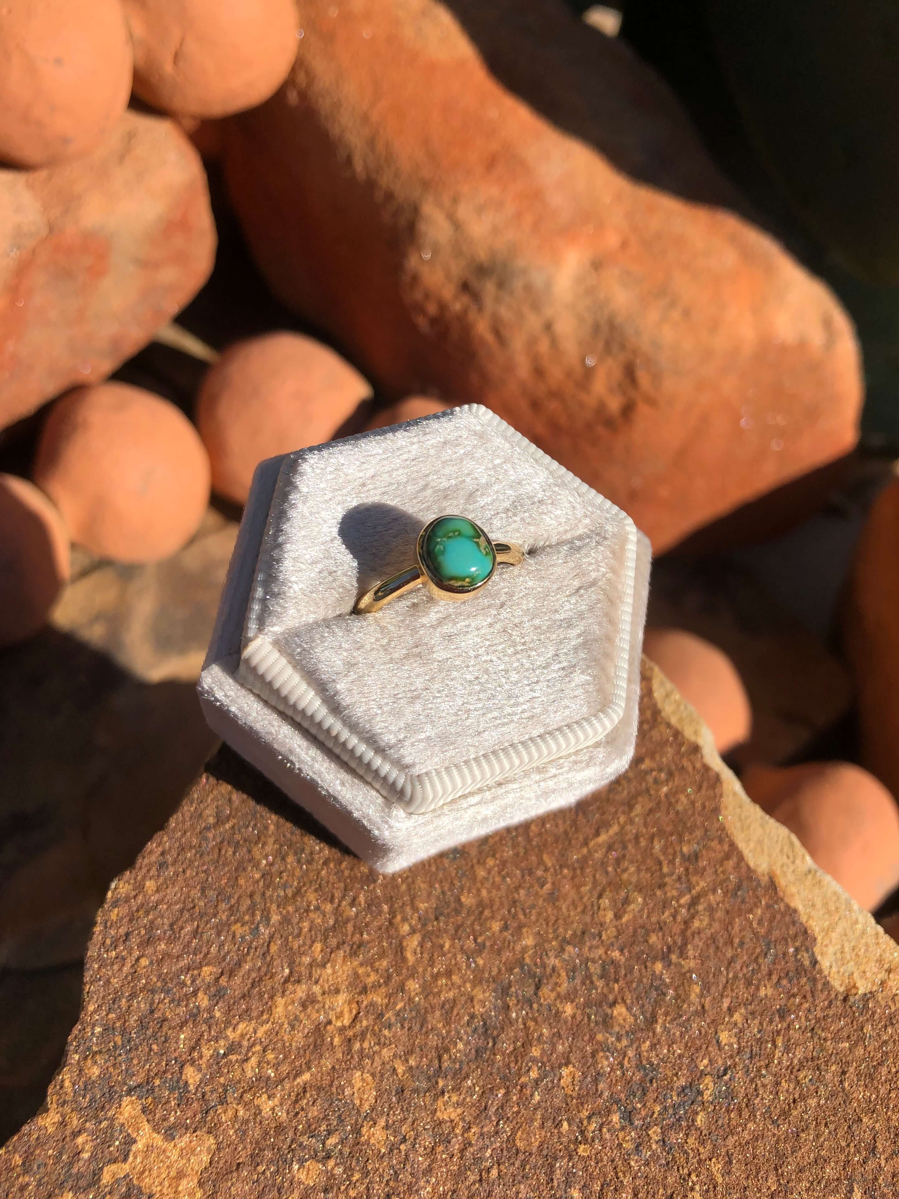 The London 14k and Turquoise Ring 27, Sz 6-Rings-Calli Co., Turquoise and Silver Jewelry, Native American Handmade, Zuni Tribe, Navajo Tribe, Brock Texas