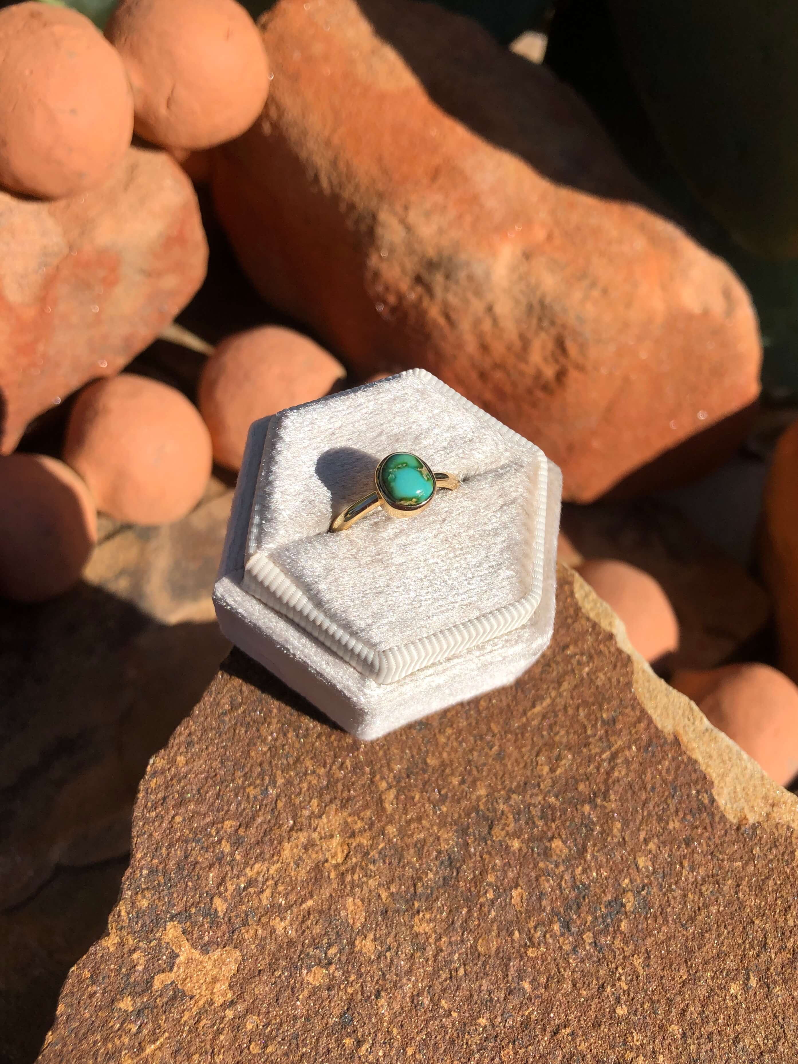 The London 14k and Turquoise Ring 27, Sz 6-Rings-Calli Co., Turquoise and Silver Jewelry, Native American Handmade, Zuni Tribe, Navajo Tribe, Brock Texas