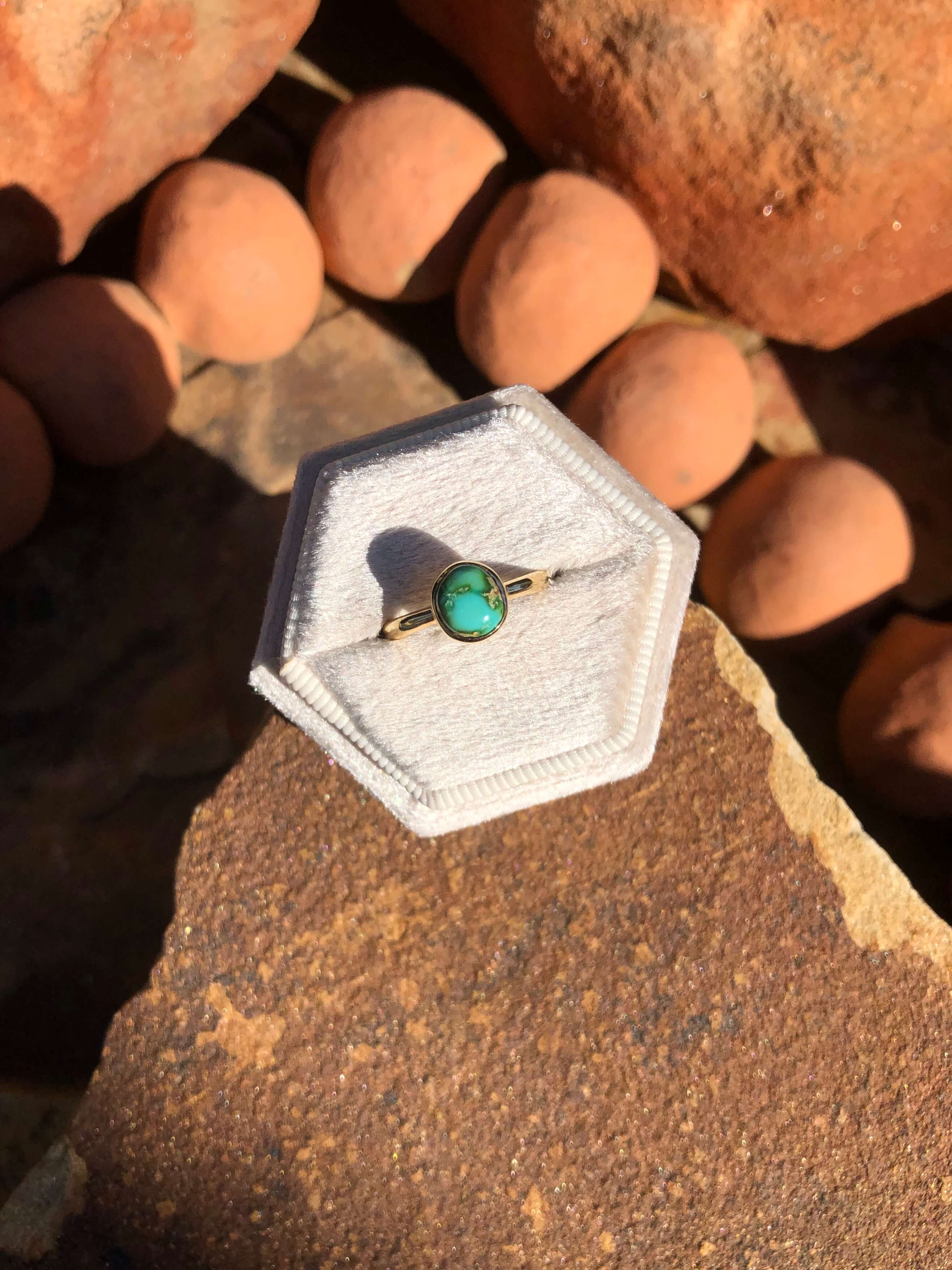 The London 14k and Turquoise Ring 27, Sz 6-Rings-Calli Co., Turquoise and Silver Jewelry, Native American Handmade, Zuni Tribe, Navajo Tribe, Brock Texas