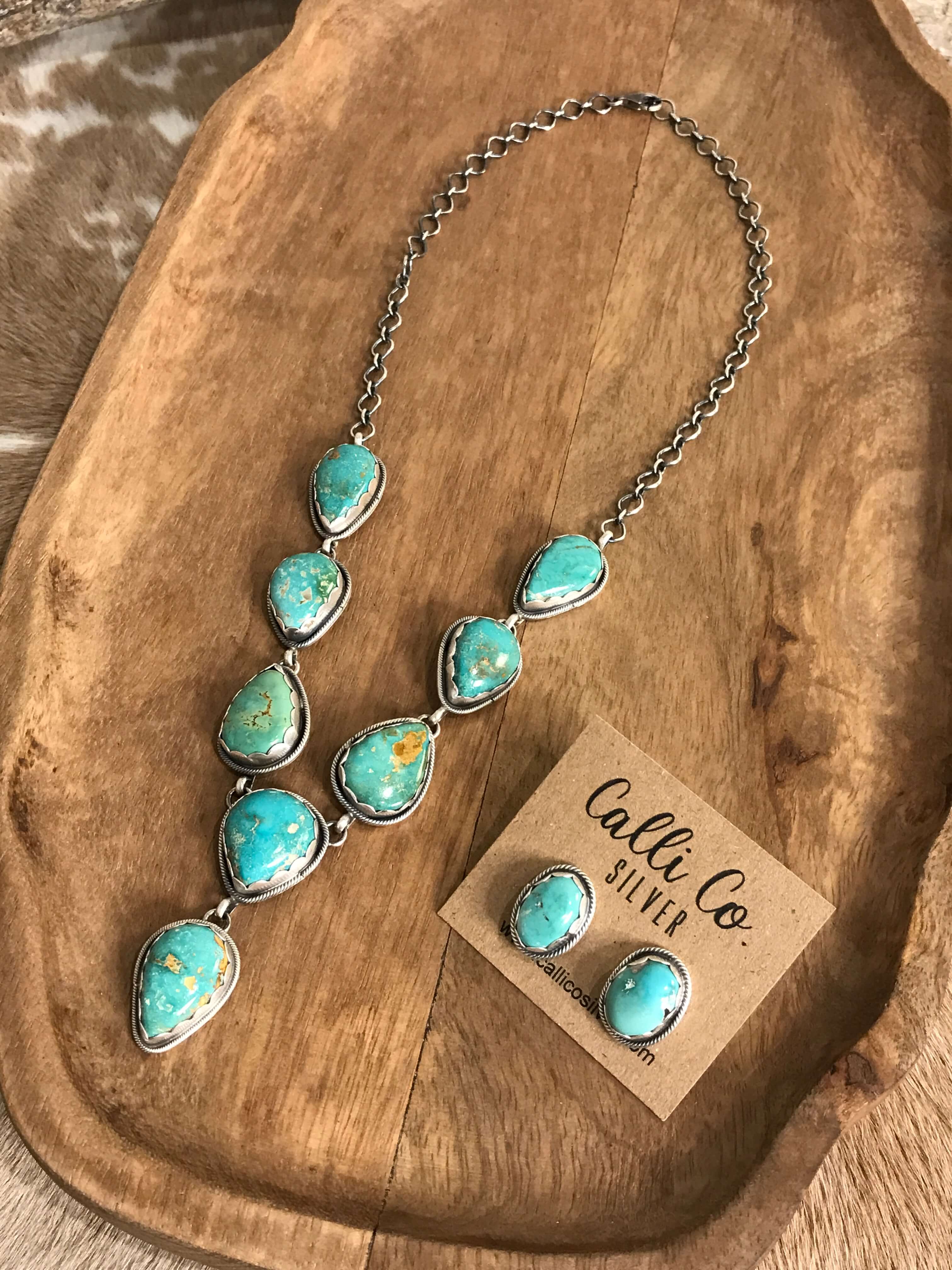 The Hartley Lariat Necklace Set, 1-Necklaces-Calli Co., Turquoise and Silver Jewelry, Native American Handmade, Zuni Tribe, Navajo Tribe, Brock Texas