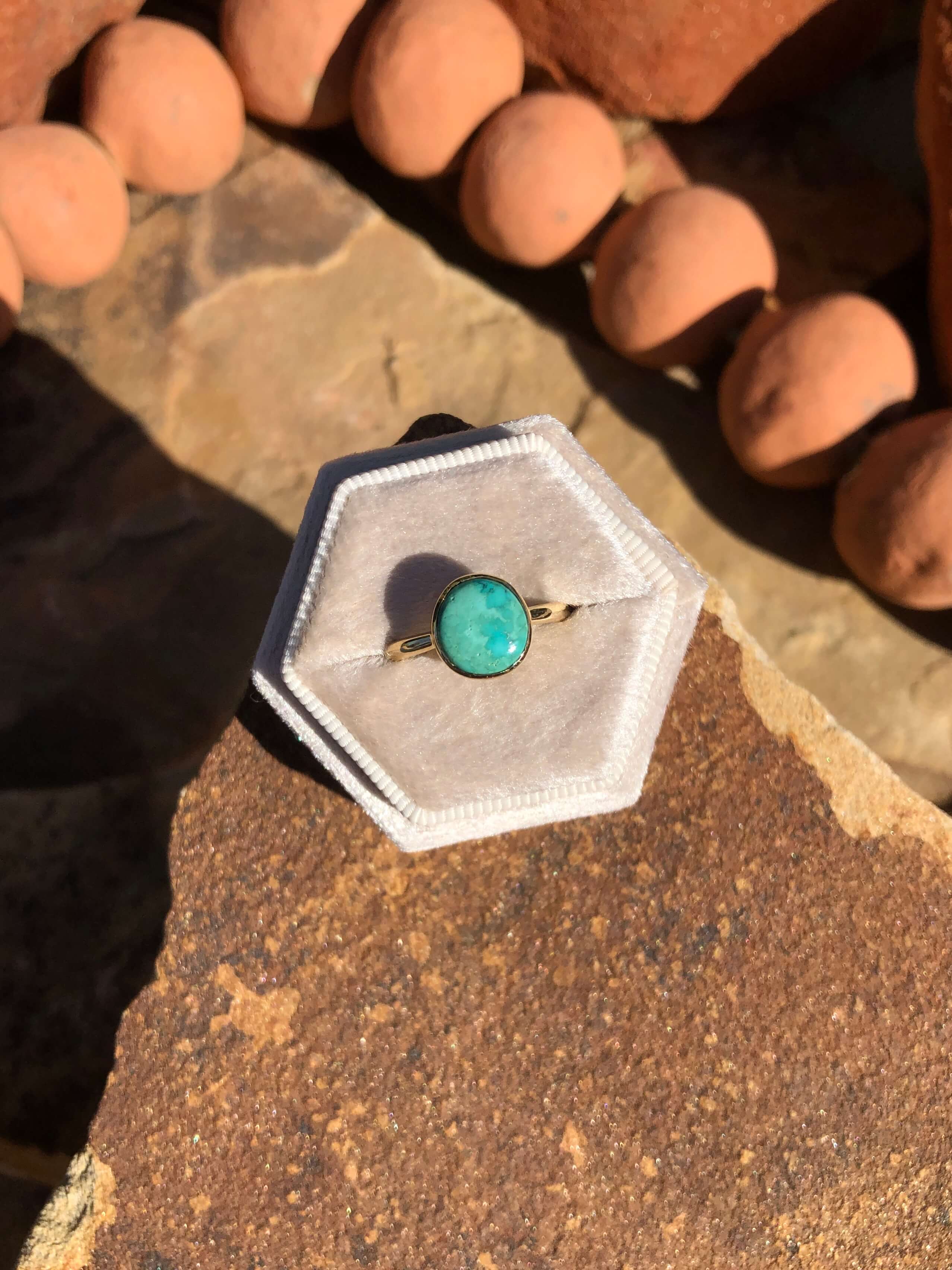 The London 14k and Turquoise Ring 14, Sz 8-Rings-Calli Co., Turquoise and Silver Jewelry, Native American Handmade, Zuni Tribe, Navajo Tribe, Brock Texas