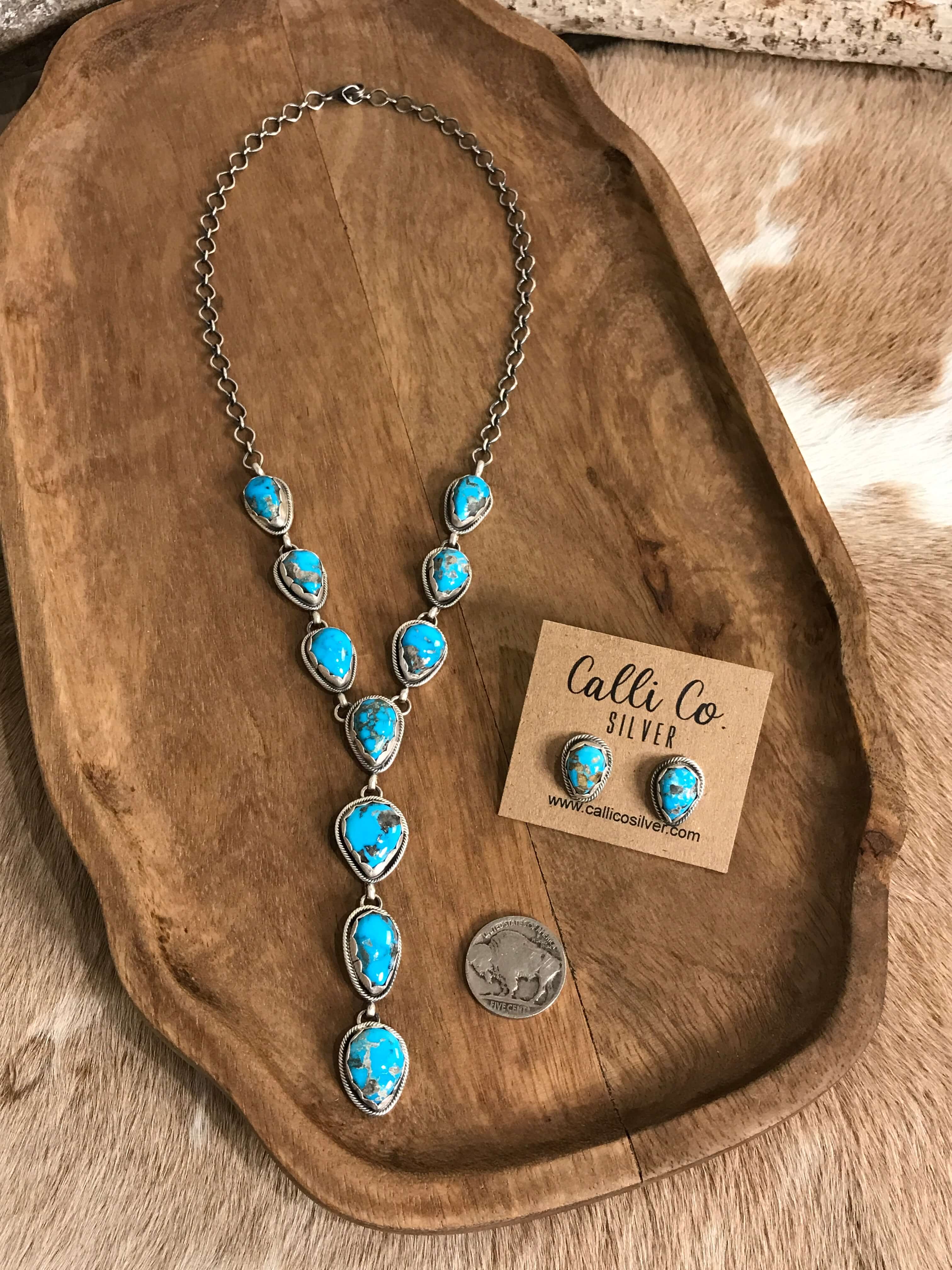 The Kallen Turquoise Lariat Necklace Set, 1-Necklaces-Calli Co., Turquoise and Silver Jewelry, Native American Handmade, Zuni Tribe, Navajo Tribe, Brock Texas