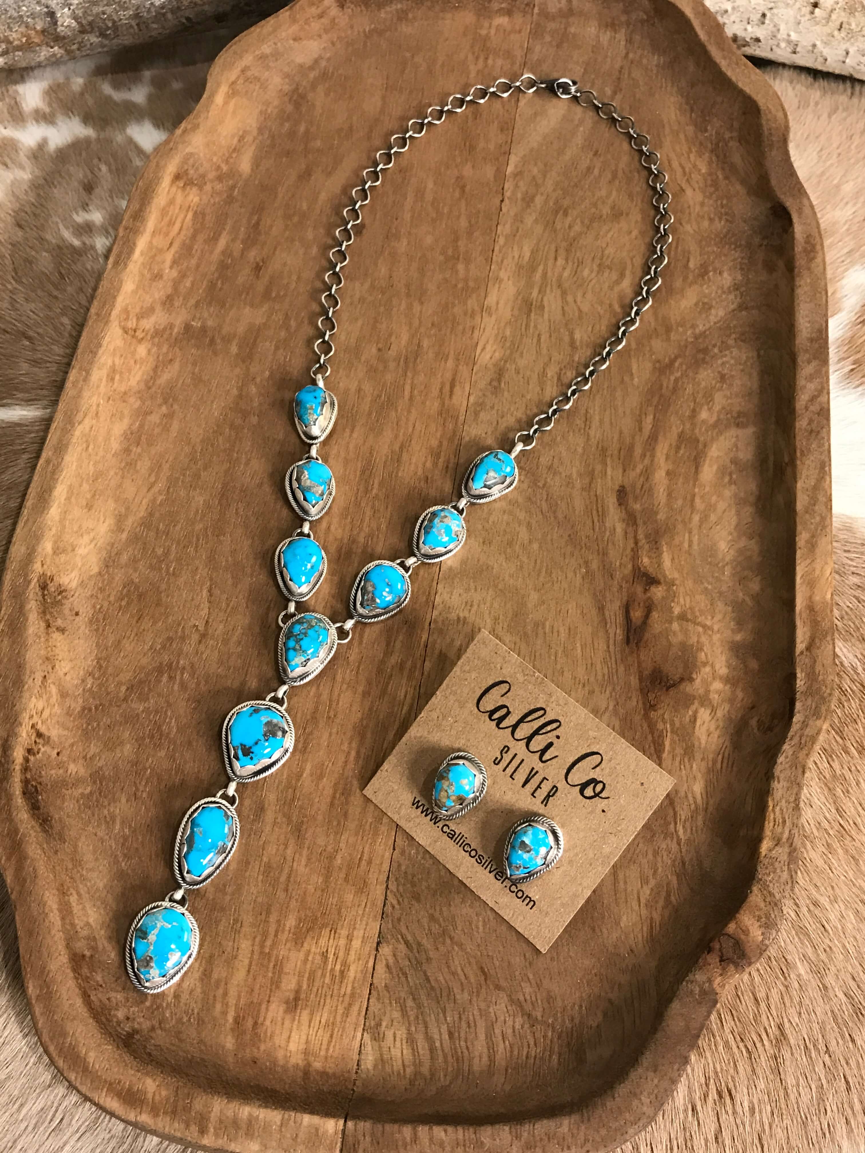 The Kallen Turquoise Lariat Necklace Set, 1-Necklaces-Calli Co., Turquoise and Silver Jewelry, Native American Handmade, Zuni Tribe, Navajo Tribe, Brock Texas
