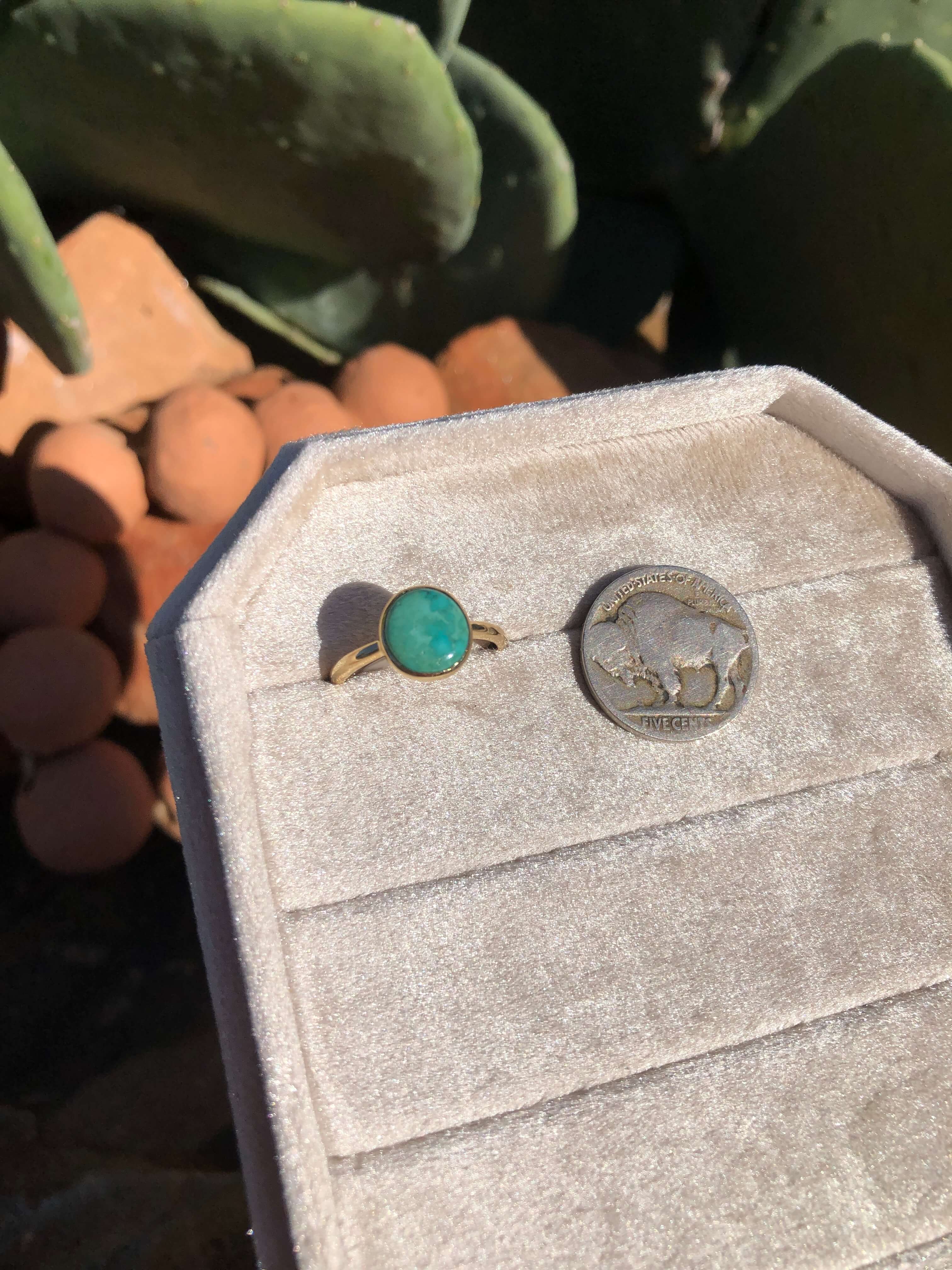 The London 14k and Turquoise Ring 14, Sz 8-Rings-Calli Co., Turquoise and Silver Jewelry, Native American Handmade, Zuni Tribe, Navajo Tribe, Brock Texas