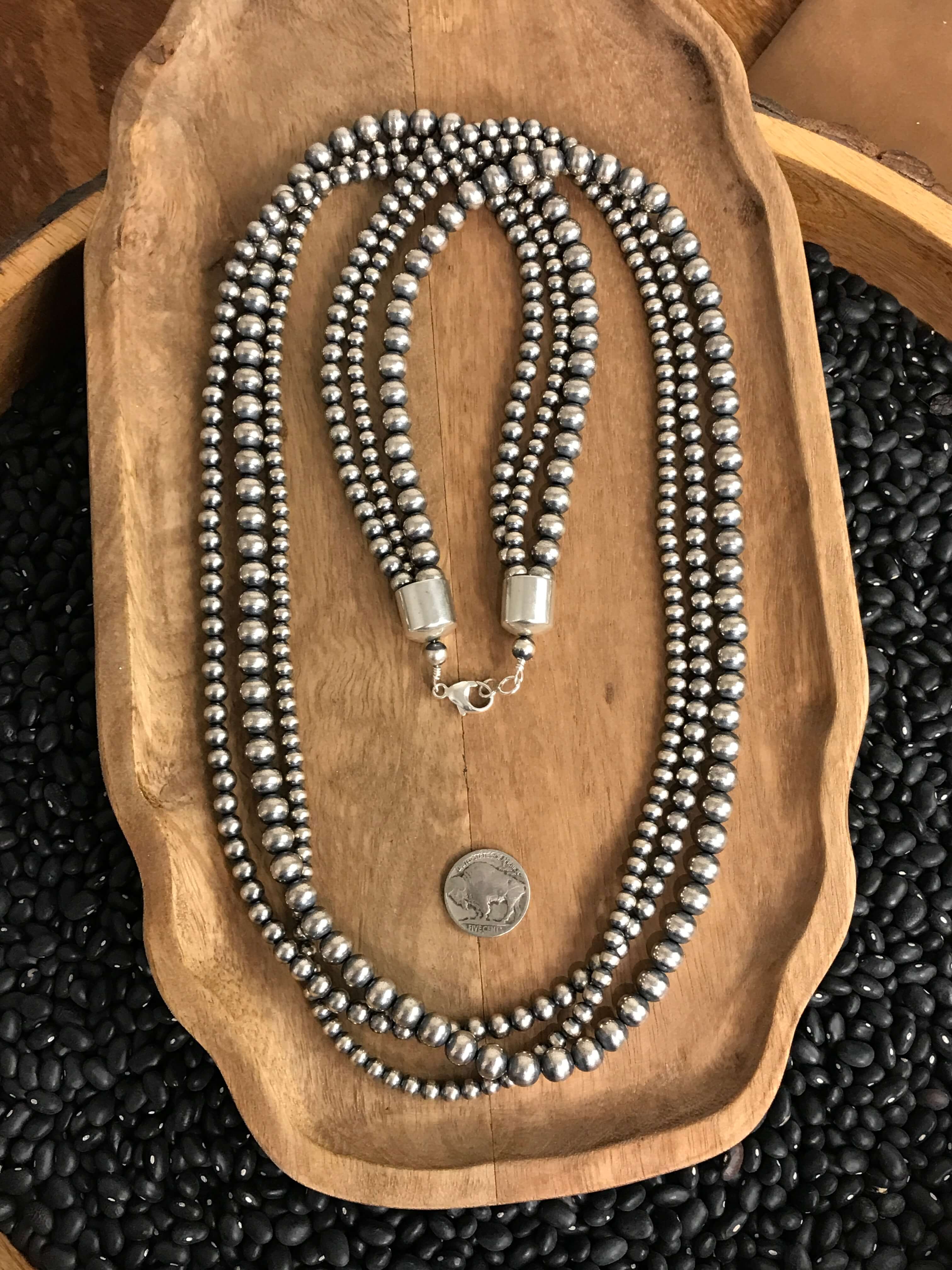 The Sabinal Triple Strand Pearl Necklace, 36"-Necklaces-Calli Co., Turquoise and Silver Jewelry, Native American Handmade, Zuni Tribe, Navajo Tribe, Brock Texas