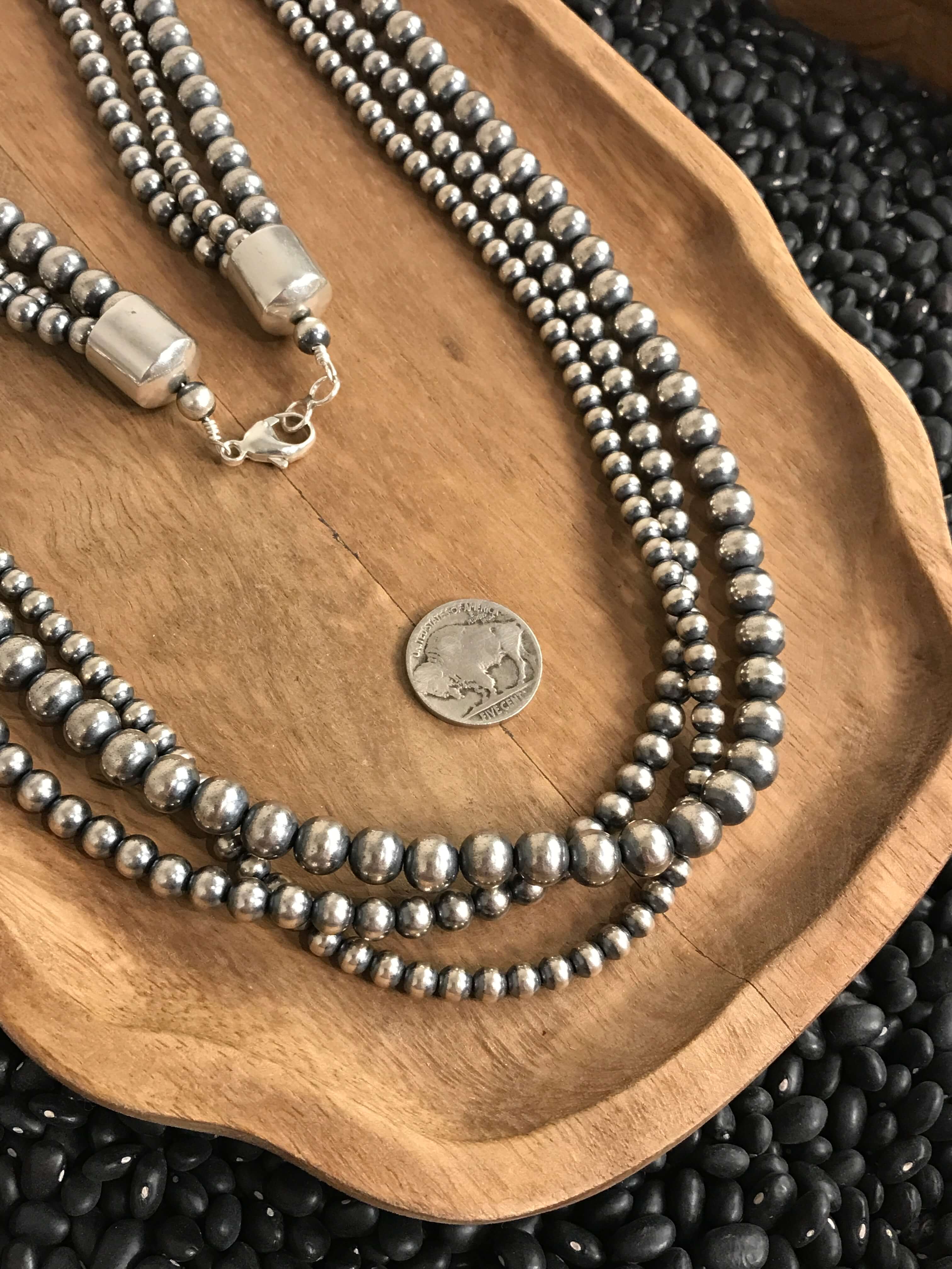 The Sabinal Triple Strand Pearl Necklace, 36"-Necklaces-Calli Co., Turquoise and Silver Jewelry, Native American Handmade, Zuni Tribe, Navajo Tribe, Brock Texas