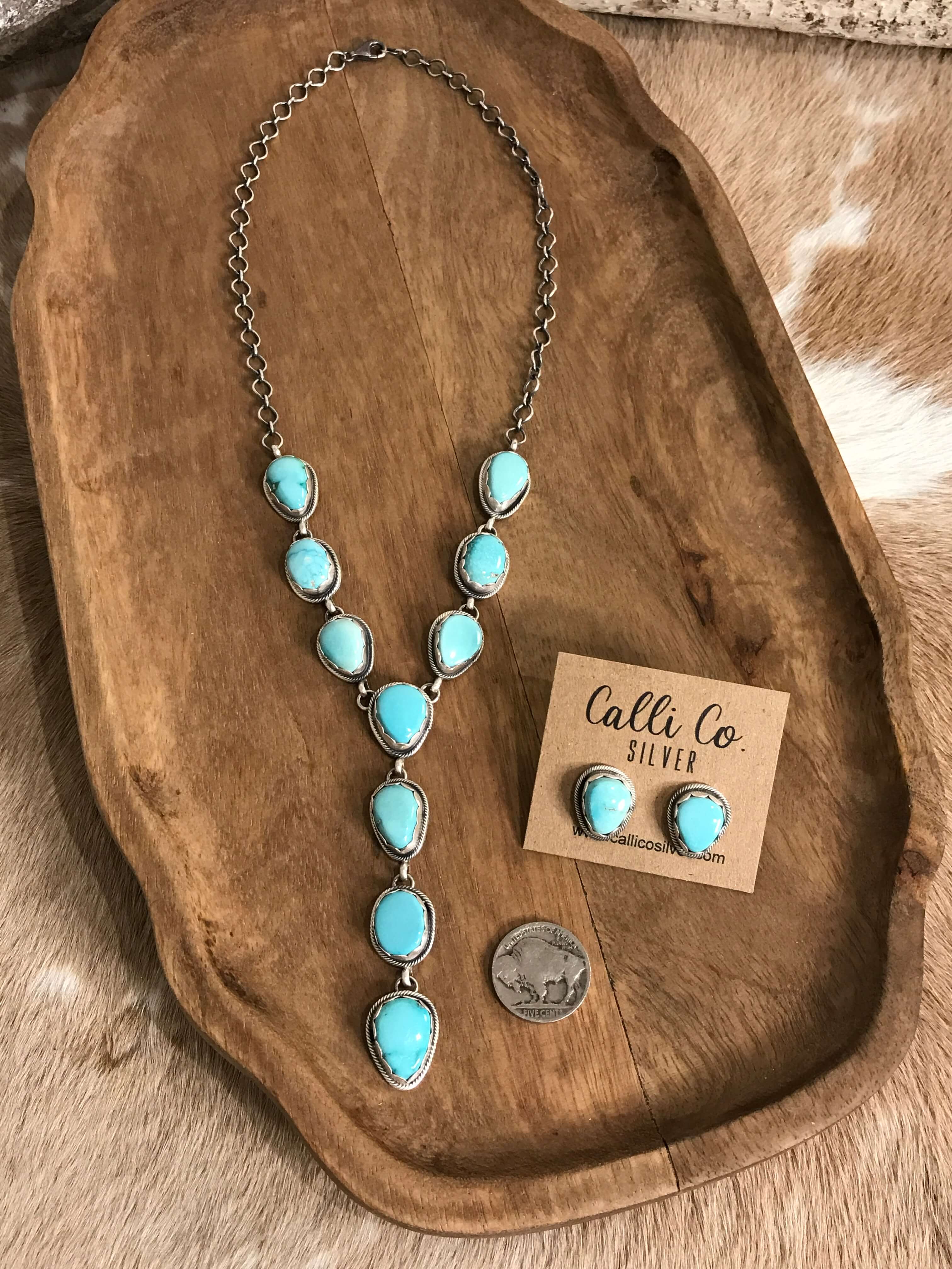 The Kallen Turquoise Lariat Necklace Set, 2-Necklaces-Calli Co., Turquoise and Silver Jewelry, Native American Handmade, Zuni Tribe, Navajo Tribe, Brock Texas