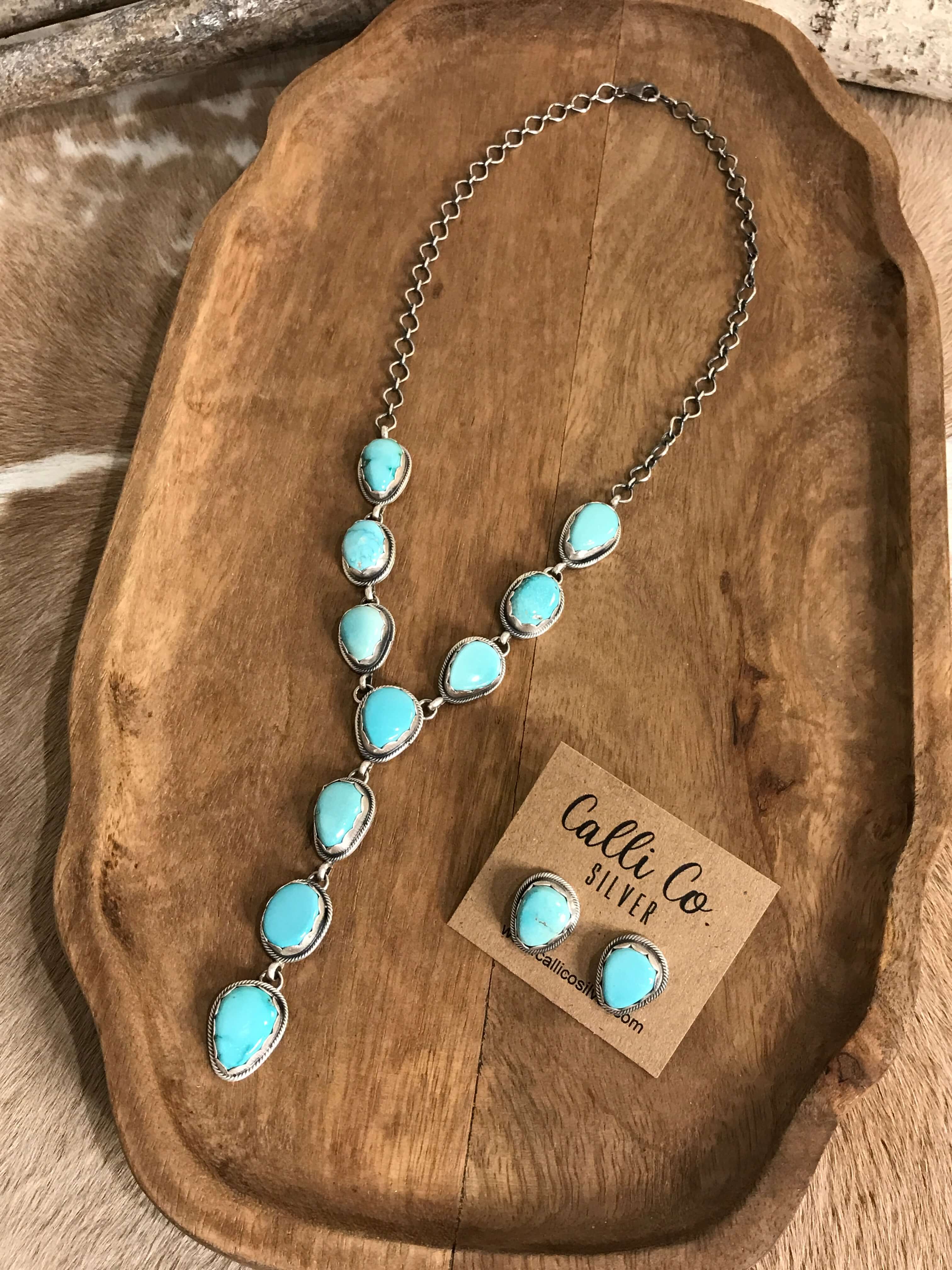 The Kallen Turquoise Lariat Necklace Set, 2-Necklaces-Calli Co., Turquoise and Silver Jewelry, Native American Handmade, Zuni Tribe, Navajo Tribe, Brock Texas