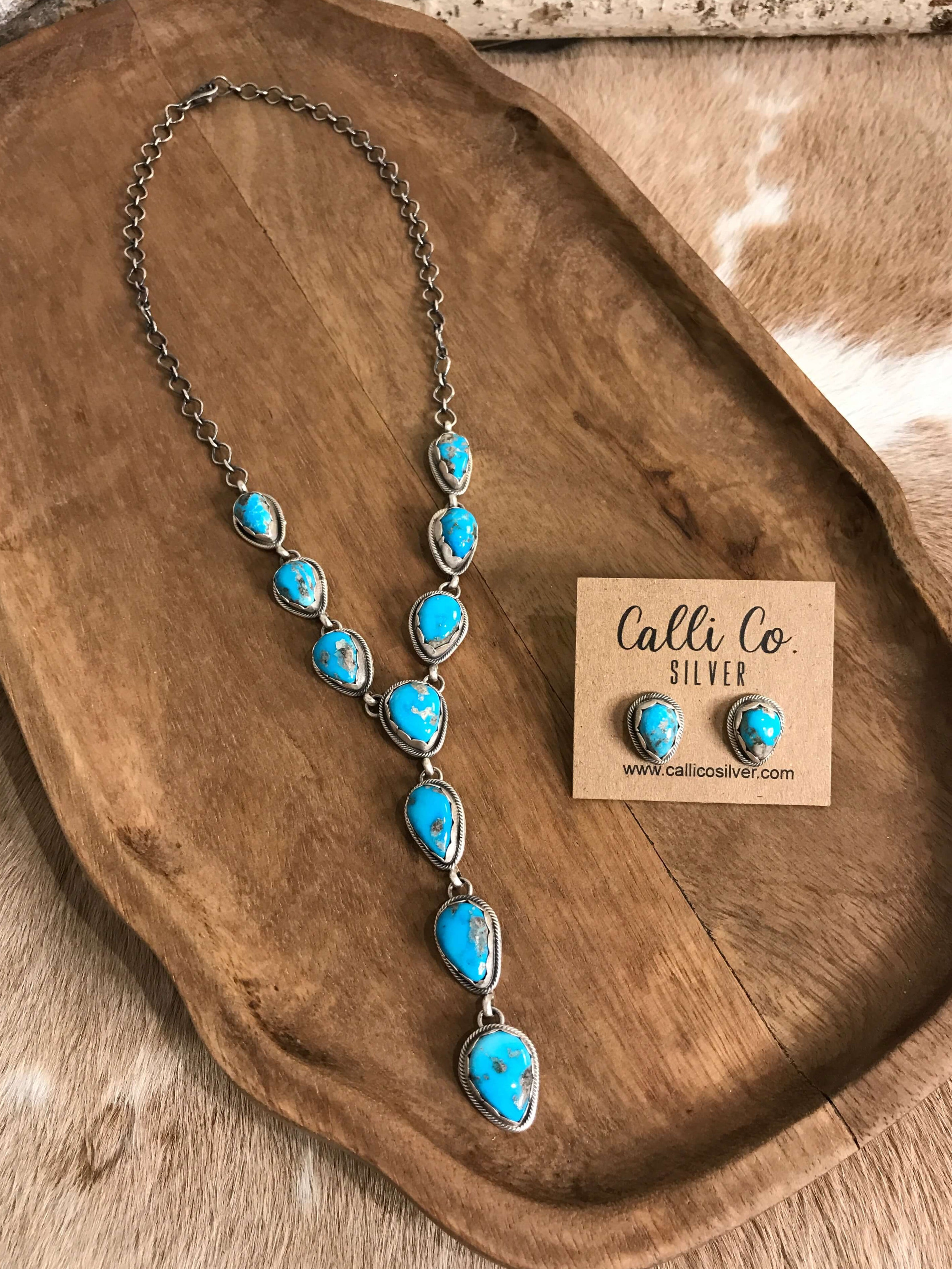 The Kallen Turquoise Lariat Necklace Set, 3 – Calli Co. Silver