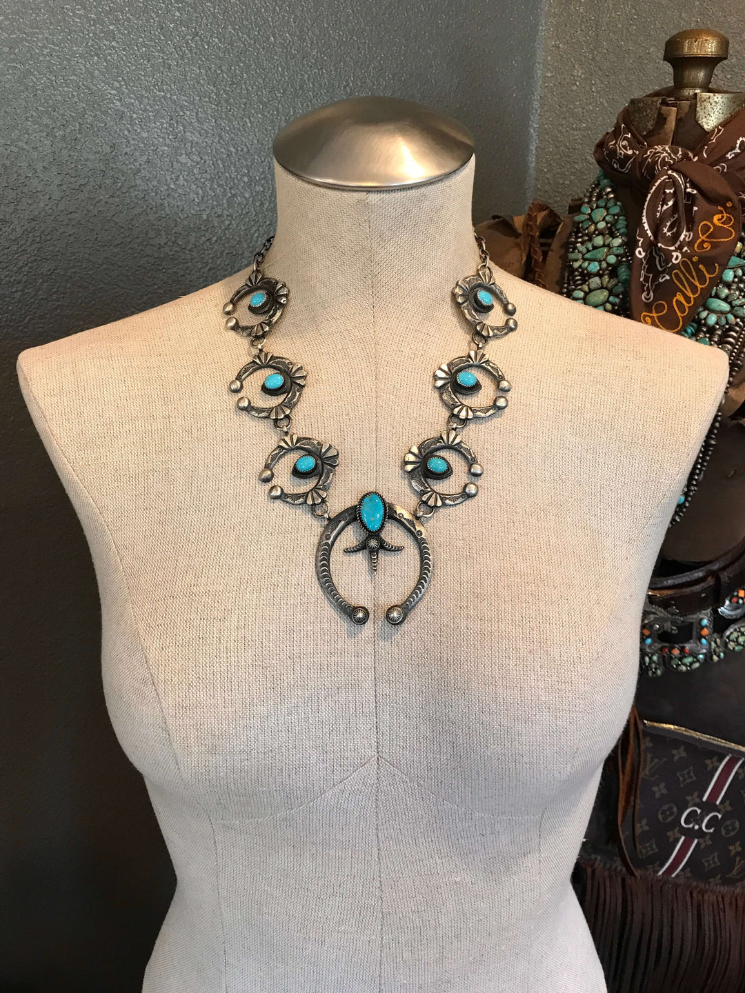 The Khotan Turquoise Squash Blossom Necklace Set-Necklaces-Calli Co., Turquoise and Silver Jewelry, Native American Handmade, Zuni Tribe, Navajo Tribe, Brock Texas