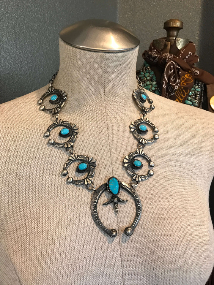 The Khotan Turquoise Squash Blossom Necklace Set-Necklaces-Calli Co., Turquoise and Silver Jewelry, Native American Handmade, Zuni Tribe, Navajo Tribe, Brock Texas
