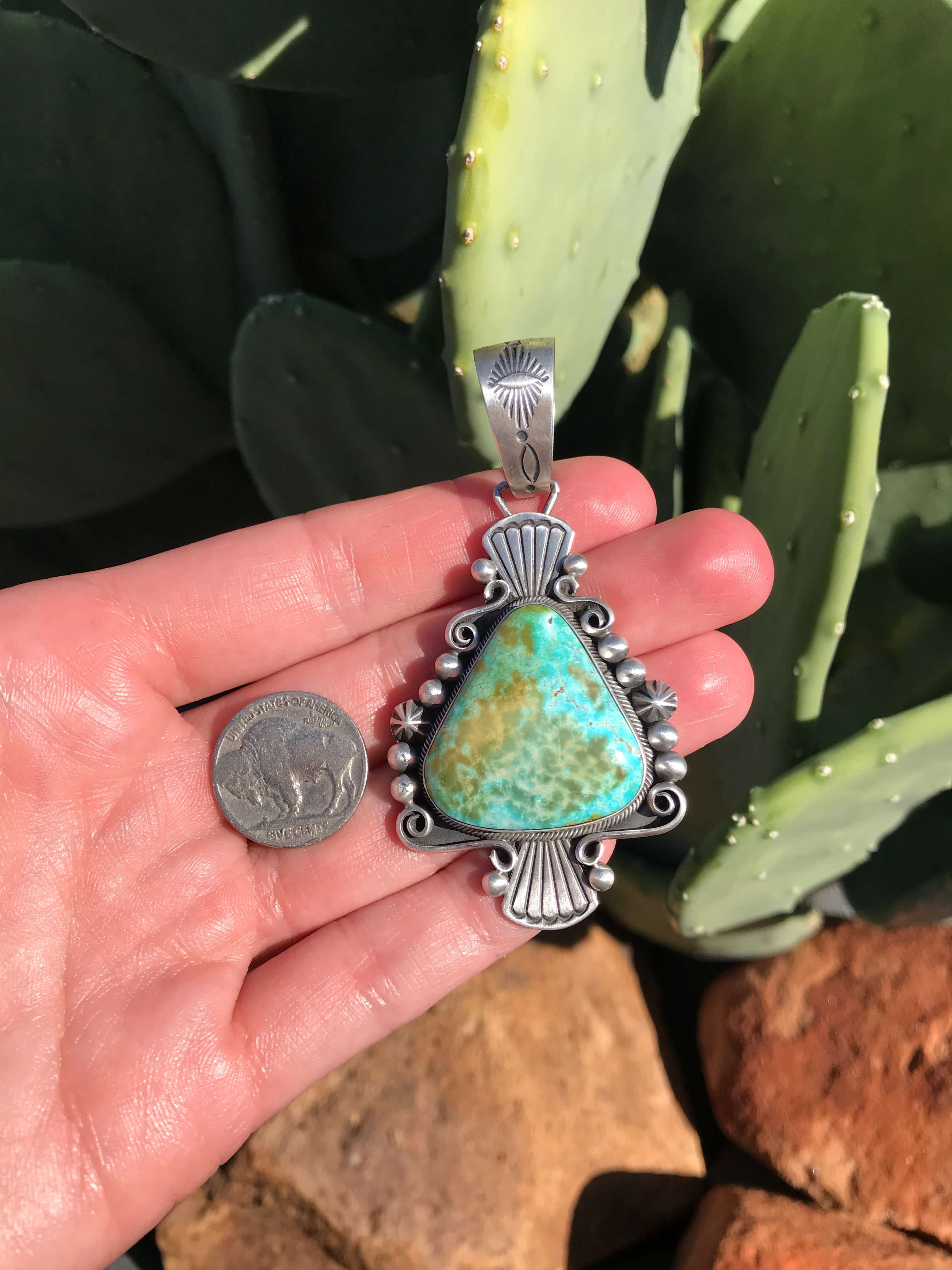 The Amado Turquoise Pendant-Pendants-Calli Co., Turquoise and Silver Jewelry, Native American Handmade, Zuni Tribe, Navajo Tribe, Brock Texas