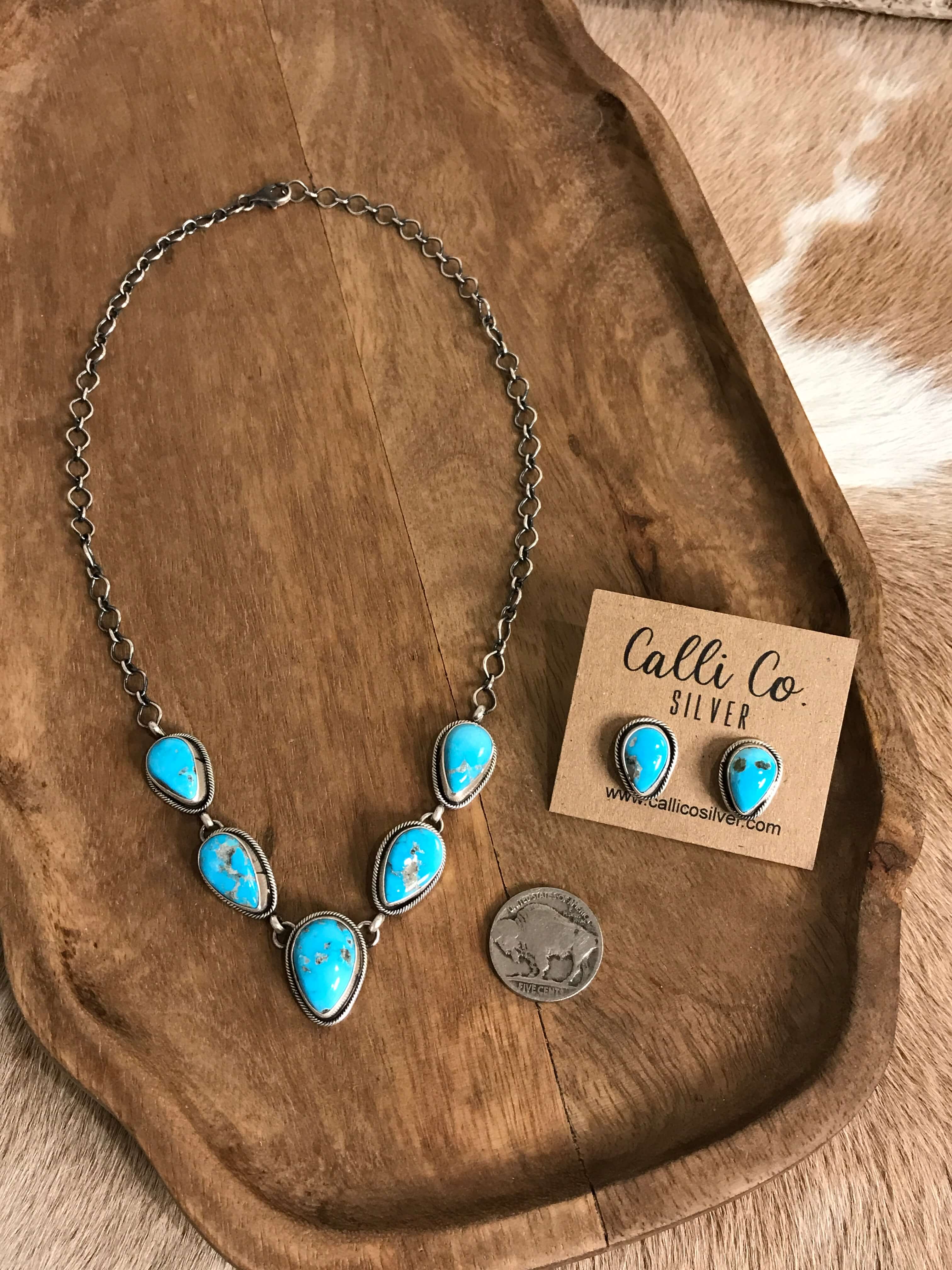The Lulu Statement Necklace Set, 1-Necklaces-Calli Co., Turquoise and Silver Jewelry, Native American Handmade, Zuni Tribe, Navajo Tribe, Brock Texas