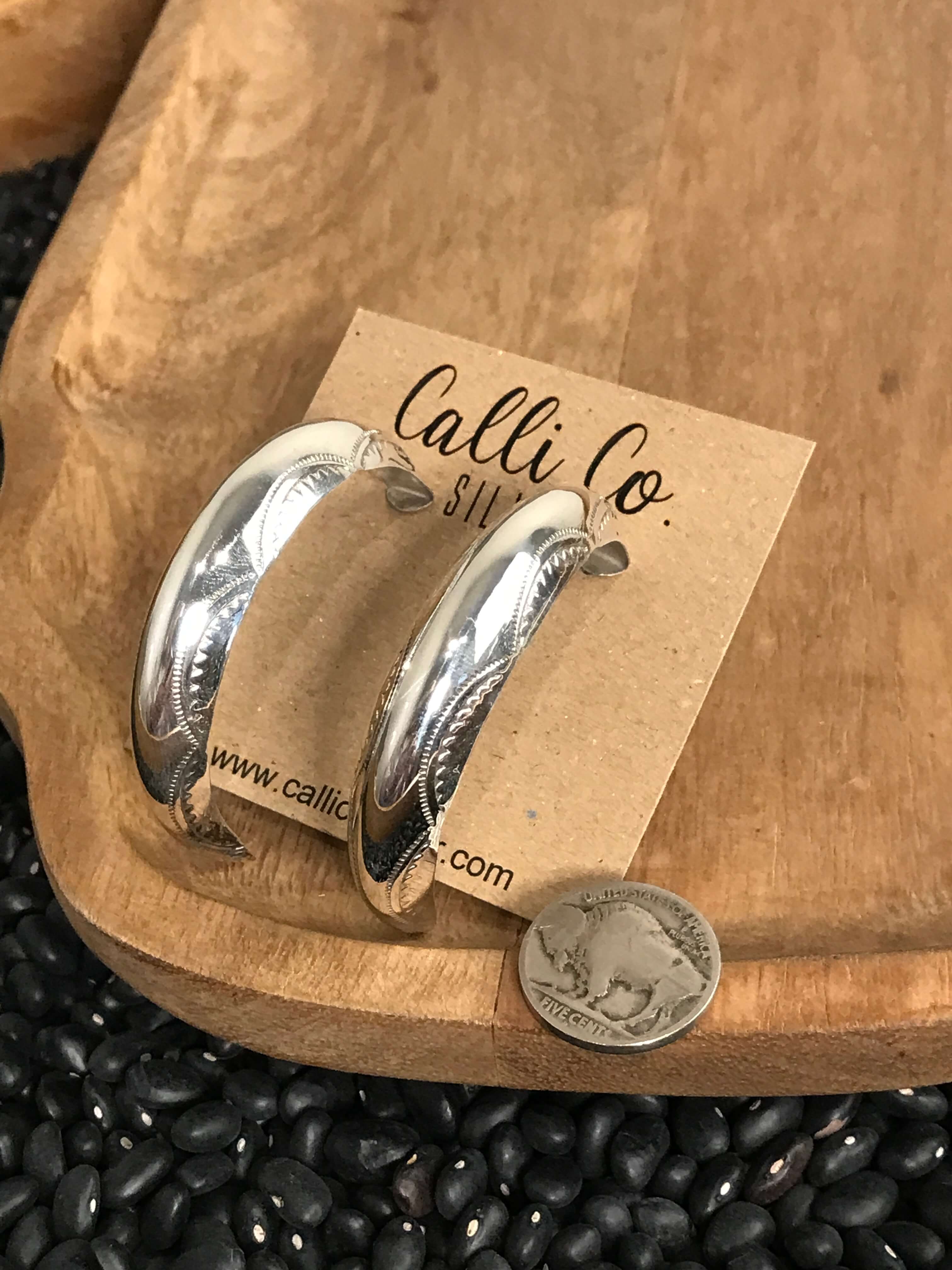 The Wray Stamped Hoop Earrings-Earrings-Calli Co., Turquoise and Silver Jewelry, Native American Handmade, Zuni Tribe, Navajo Tribe, Brock Texas