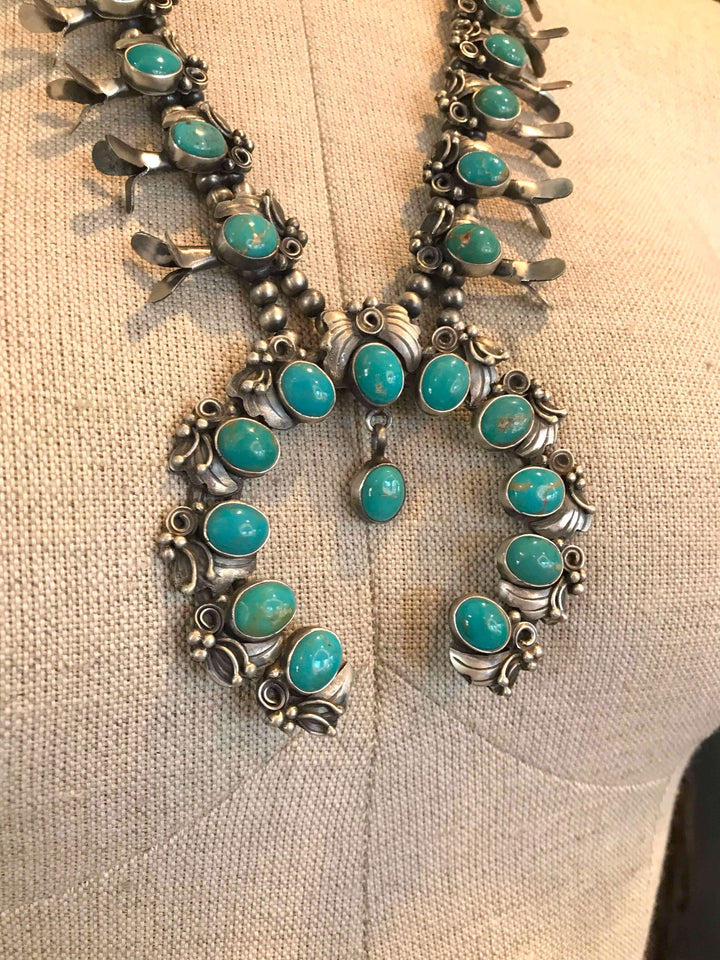The Lone Pine Turquoise Squash Blossom Necklace Set-Necklaces-Calli Co., Turquoise and Silver Jewelry, Native American Handmade, Zuni Tribe, Navajo Tribe, Brock Texas