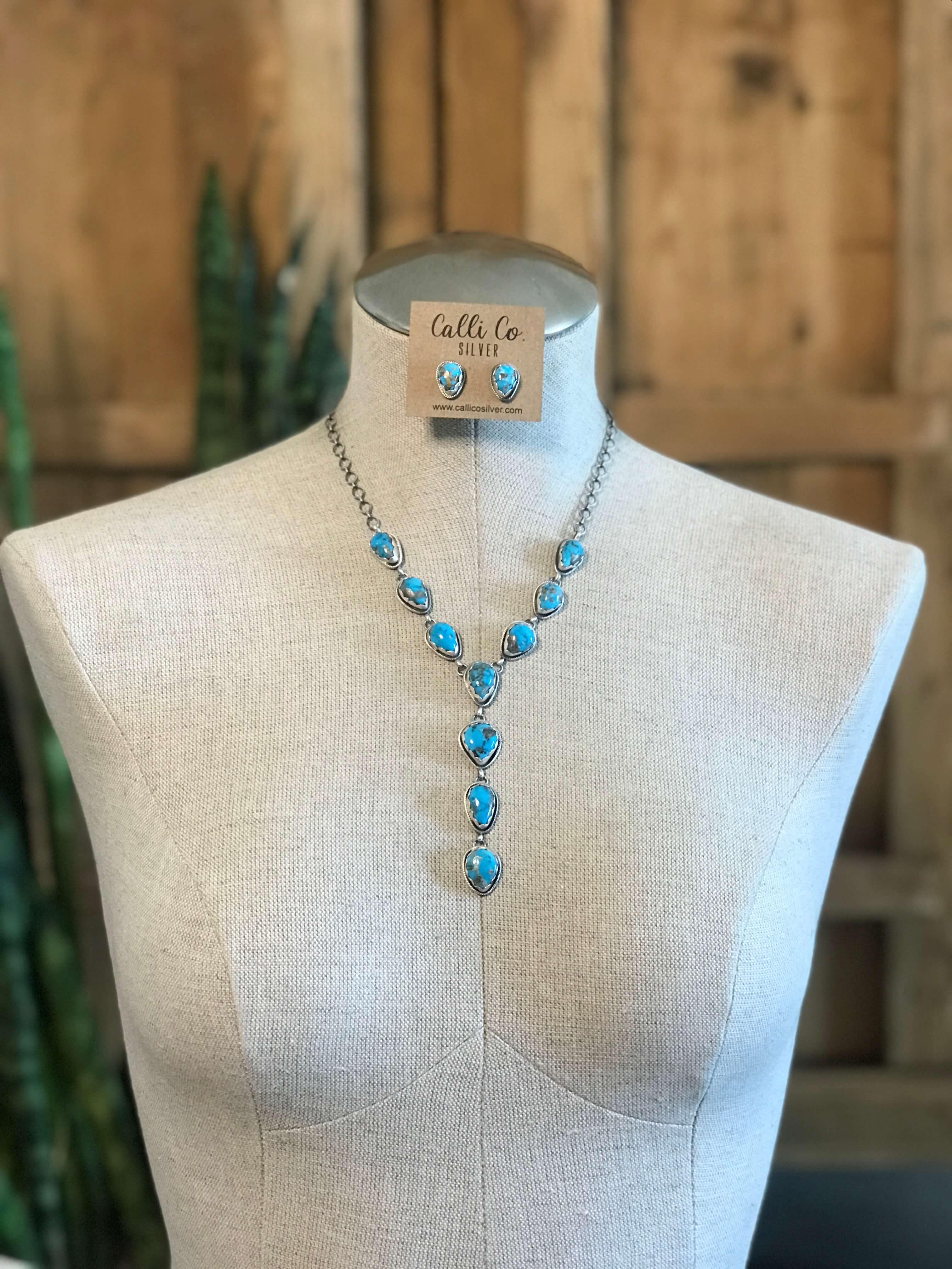 The Kallen Turquoise Lariat Necklace Set, 1-Necklaces-Calli Co., Turquoise and Silver Jewelry, Native American Handmade, Zuni Tribe, Navajo Tribe, Brock Texas