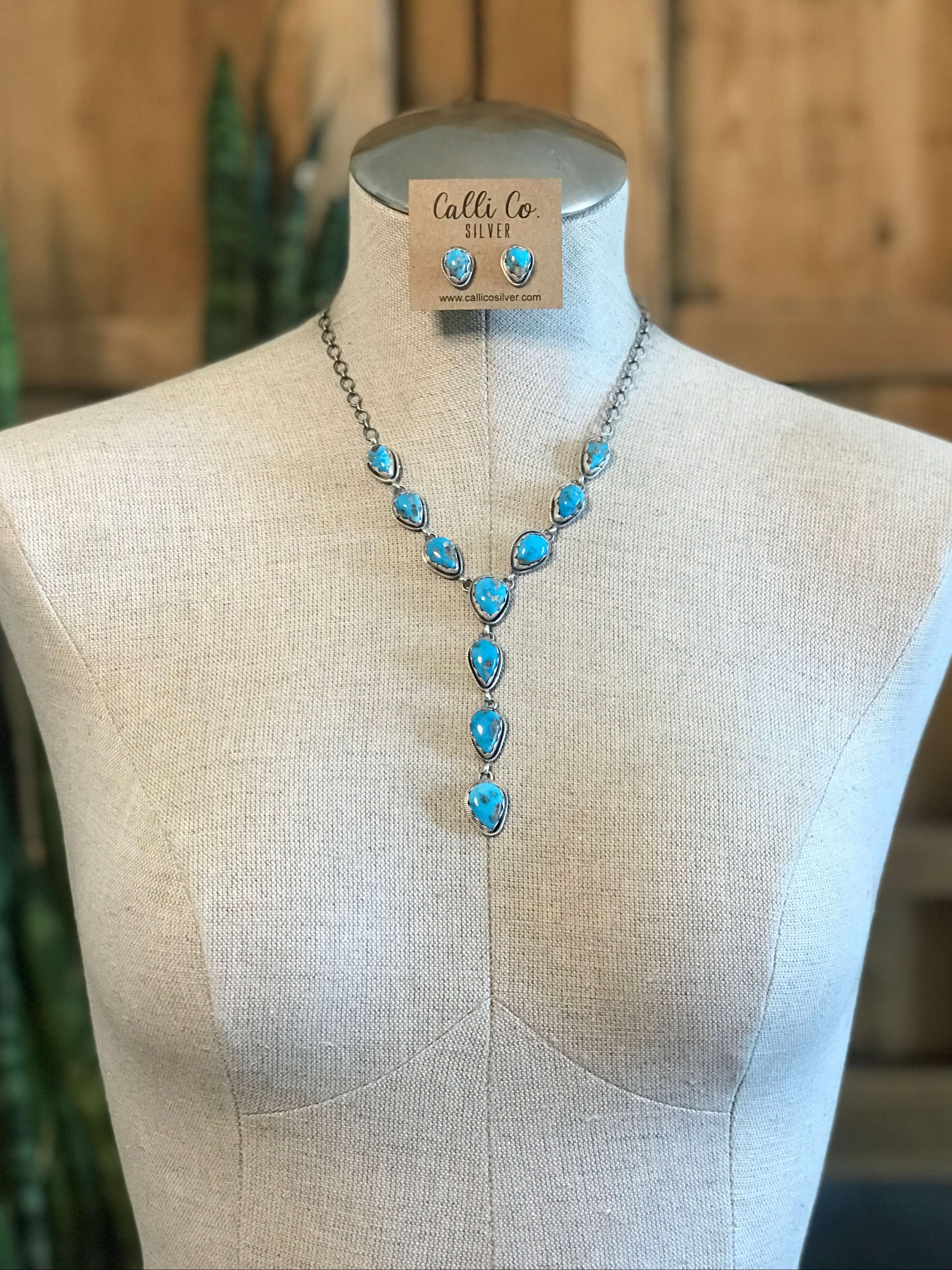 The Kallen Turquoise Lariat Necklace Set, 3-Necklaces-Calli Co., Turquoise and Silver Jewelry, Native American Handmade, Zuni Tribe, Navajo Tribe, Brock Texas