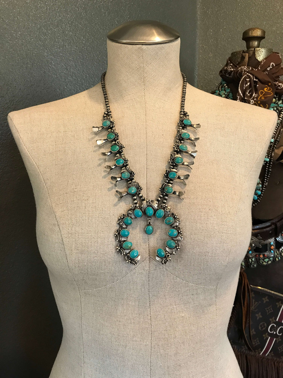 The Lone Pine Turquoise Squash Blossom Necklace Set-Necklaces-Calli Co., Turquoise and Silver Jewelry, Native American Handmade, Zuni Tribe, Navajo Tribe, Brock Texas