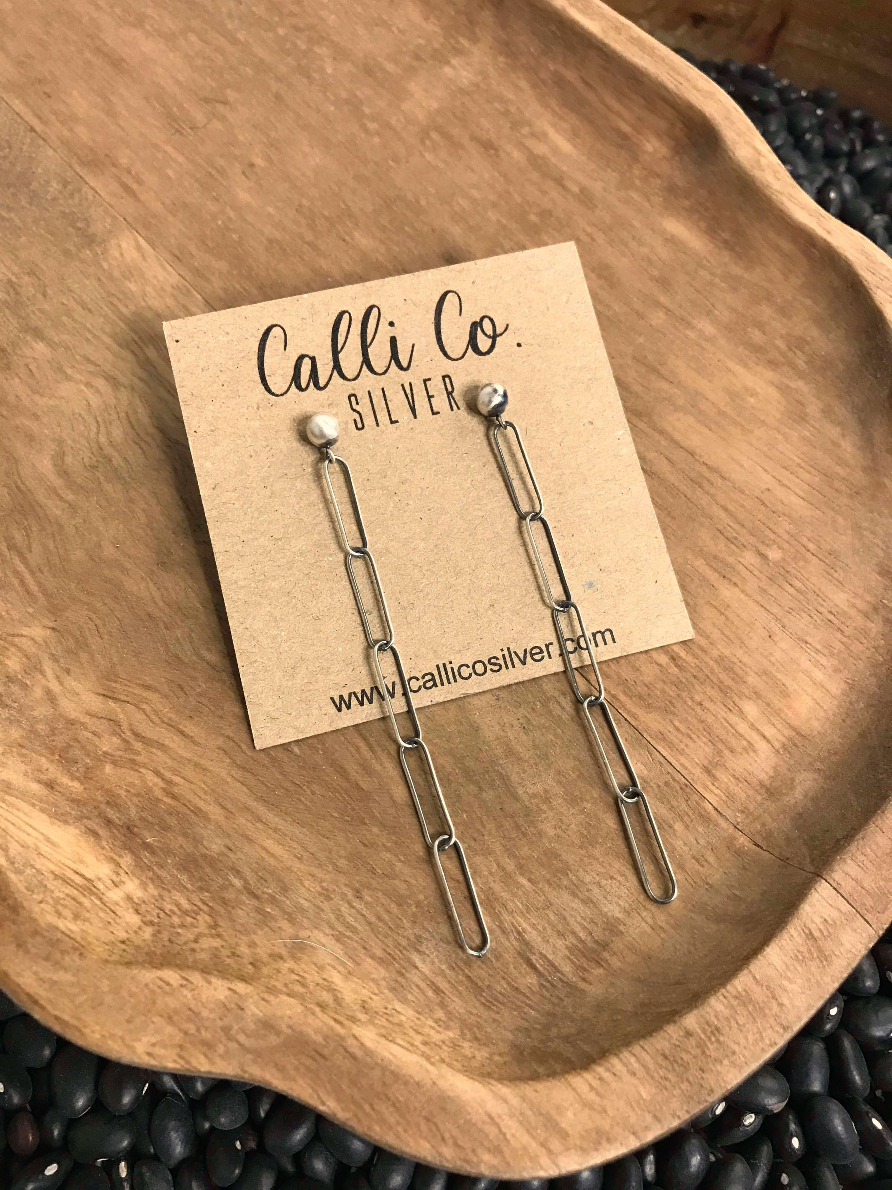 The Grande Mellow Chain Earrings-Earrings-Calli Co., Turquoise and Silver Jewelry, Native American Handmade, Zuni Tribe, Navajo Tribe, Brock Texas