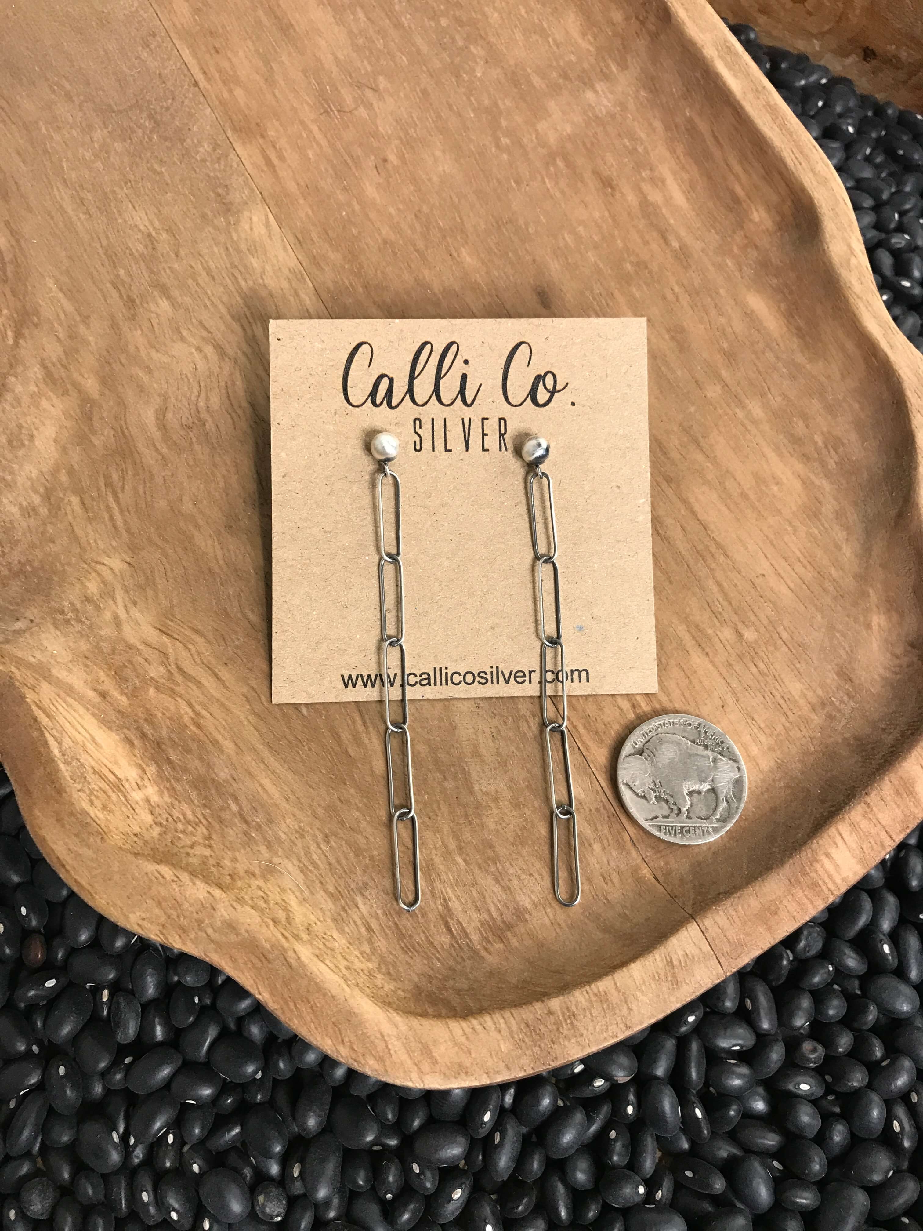 The Grande Mellow Chain Earrings-Earrings-Calli Co., Turquoise and Silver Jewelry, Native American Handmade, Zuni Tribe, Navajo Tribe, Brock Texas