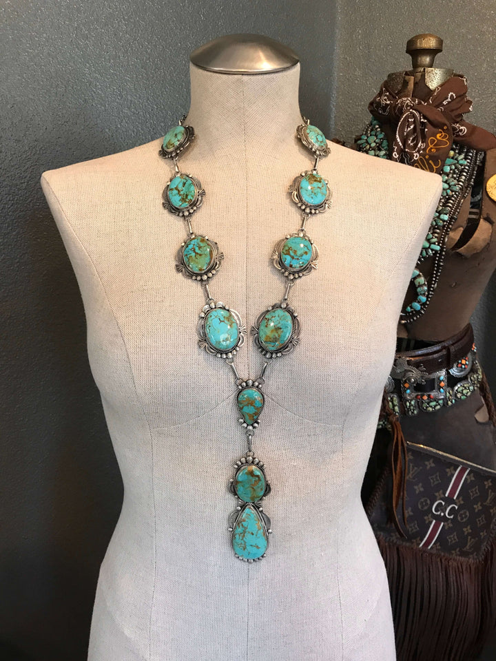 The Abiquiu Turquoise Lariat Necklace Set-Necklaces-Calli Co., Turquoise and Silver Jewelry, Native American Handmade, Zuni Tribe, Navajo Tribe, Brock Texas