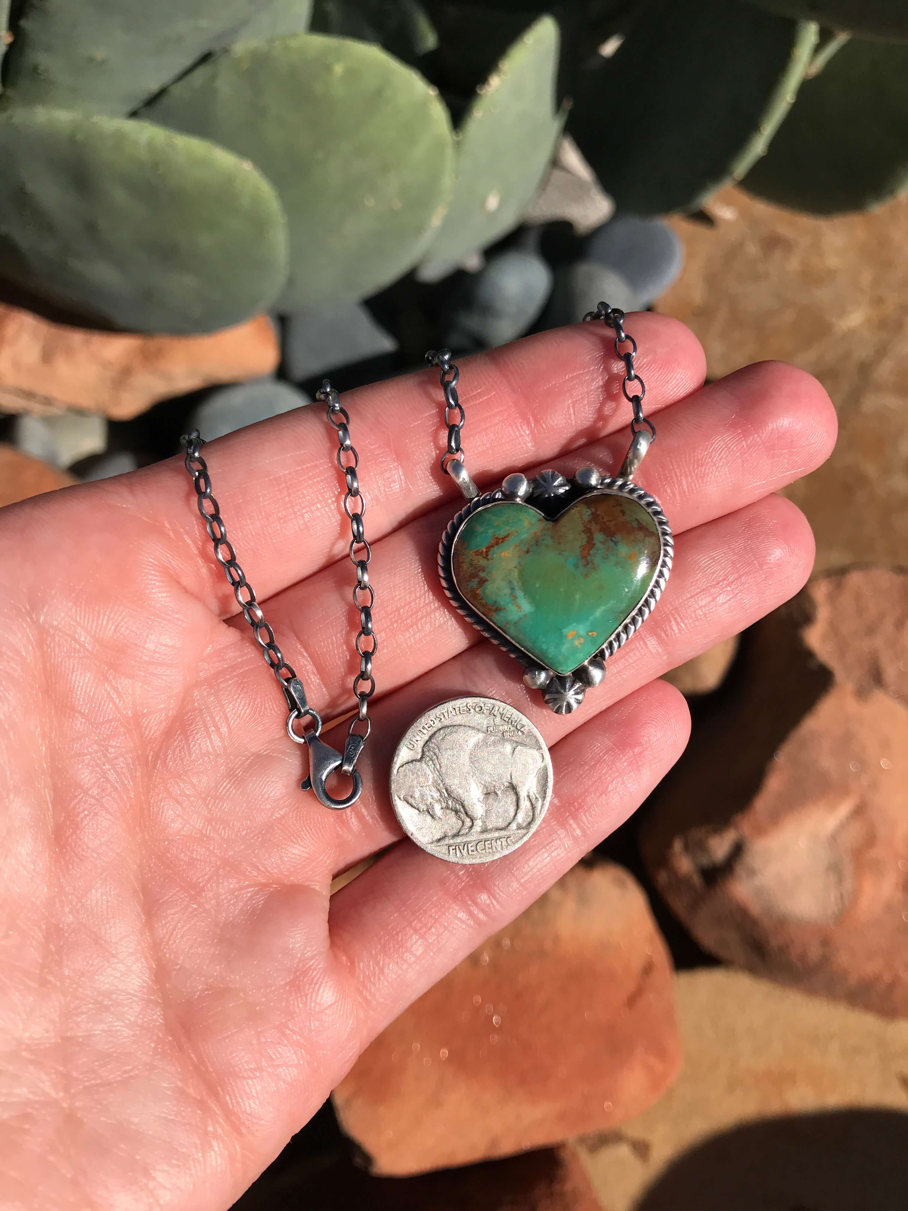 The Grande Heart Necklace, 9-Necklaces-Calli Co., Turquoise and Silver Jewelry, Native American Handmade, Zuni Tribe, Navajo Tribe, Brock Texas