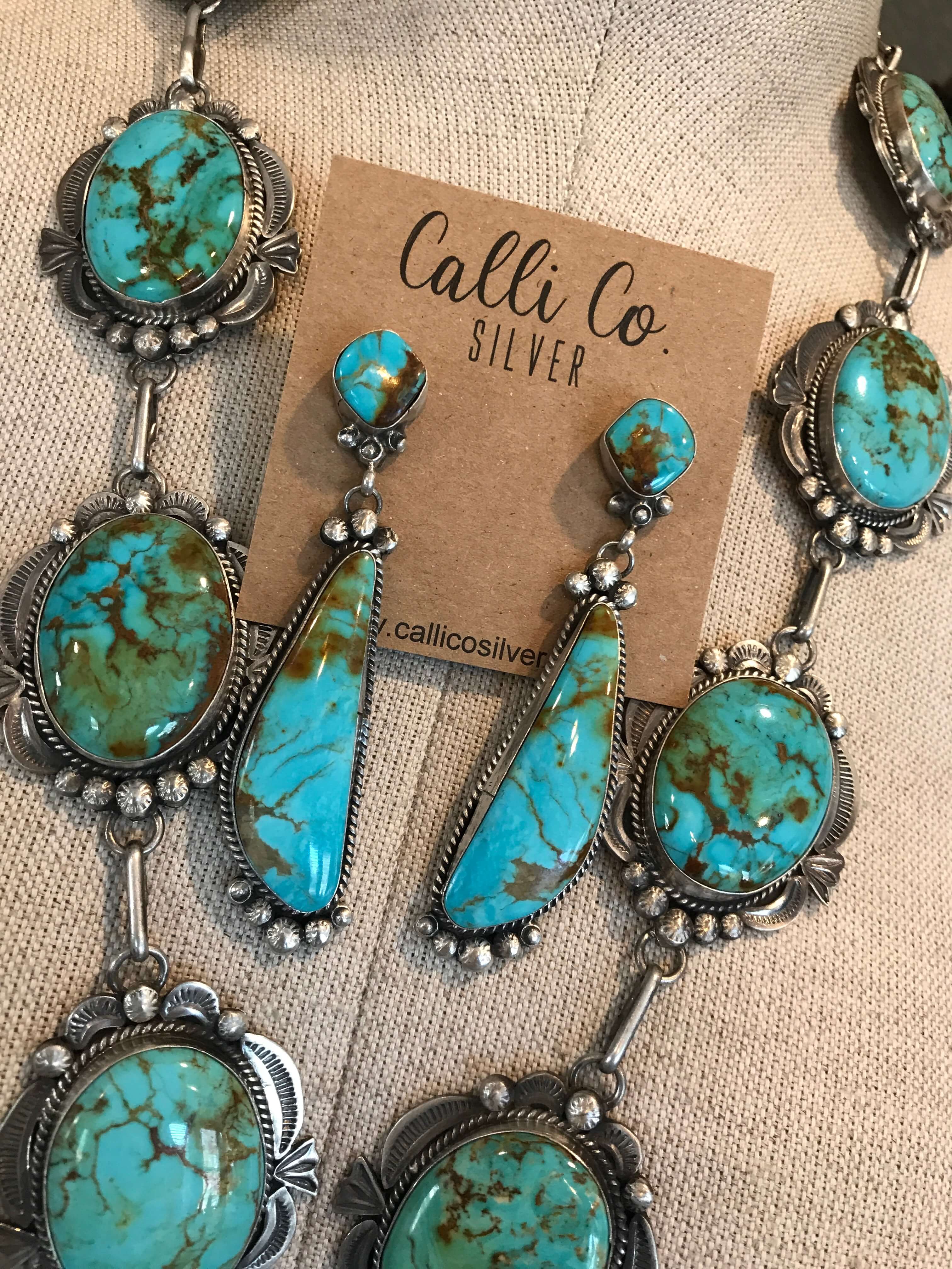 The Abiquiu Turquoise Lariat Necklace Set-Necklaces-Calli Co., Turquoise and Silver Jewelry, Native American Handmade, Zuni Tribe, Navajo Tribe, Brock Texas