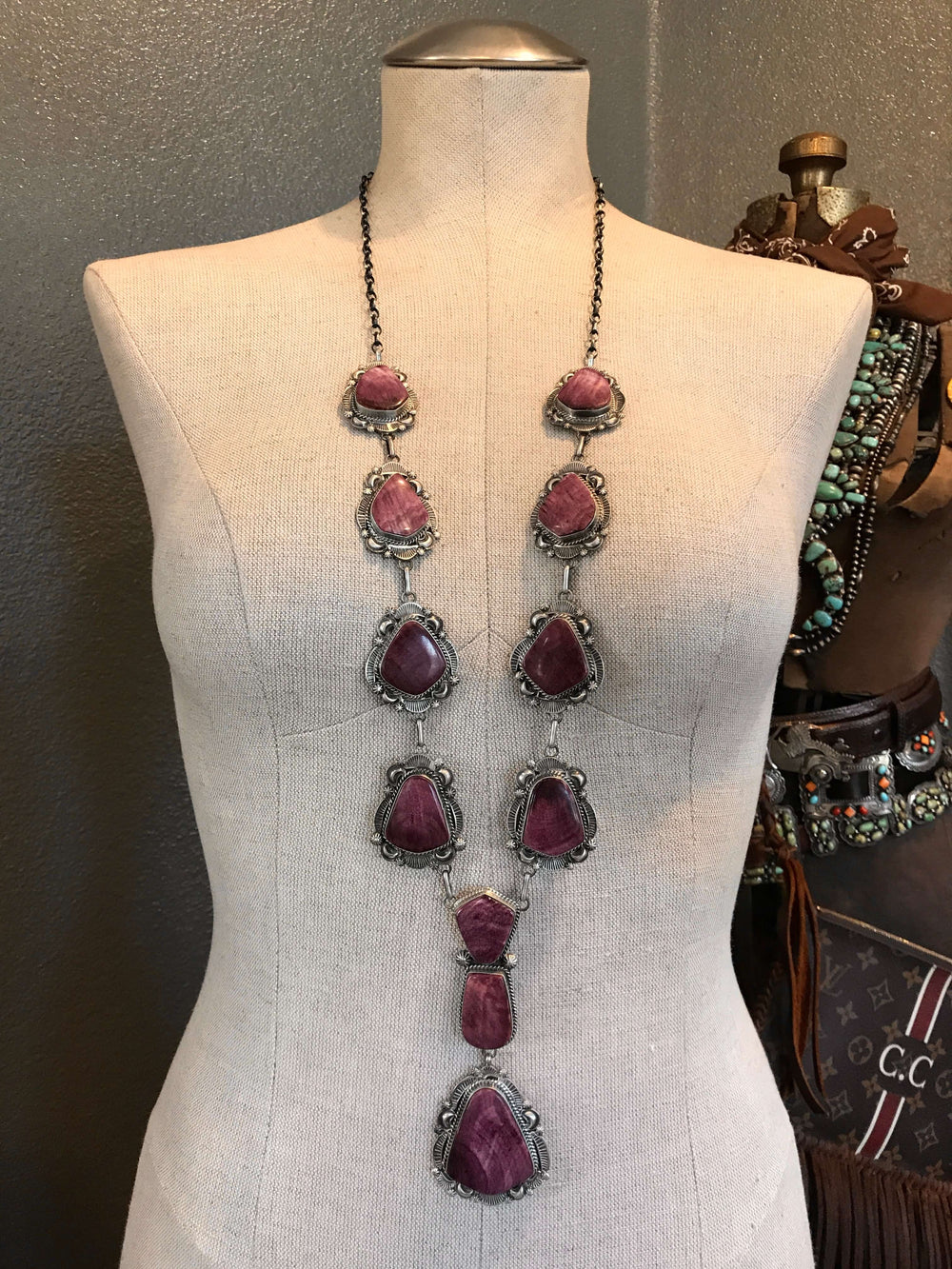 The Bacone Purple Spiny Lariat Necklace Set-Necklaces-Calli Co., Turquoise and Silver Jewelry, Native American Handmade, Zuni Tribe, Navajo Tribe, Brock Texas