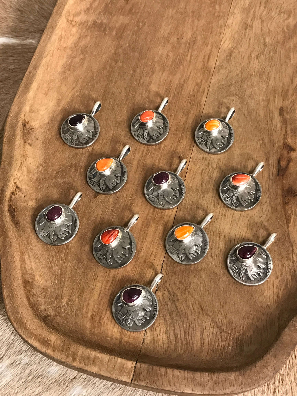 The Buffalo Nickel Pendants in Spiny Oyster-Pendants-Calli Co., Turquoise and Silver Jewelry, Native American Handmade, Zuni Tribe, Navajo Tribe, Brock Texas
