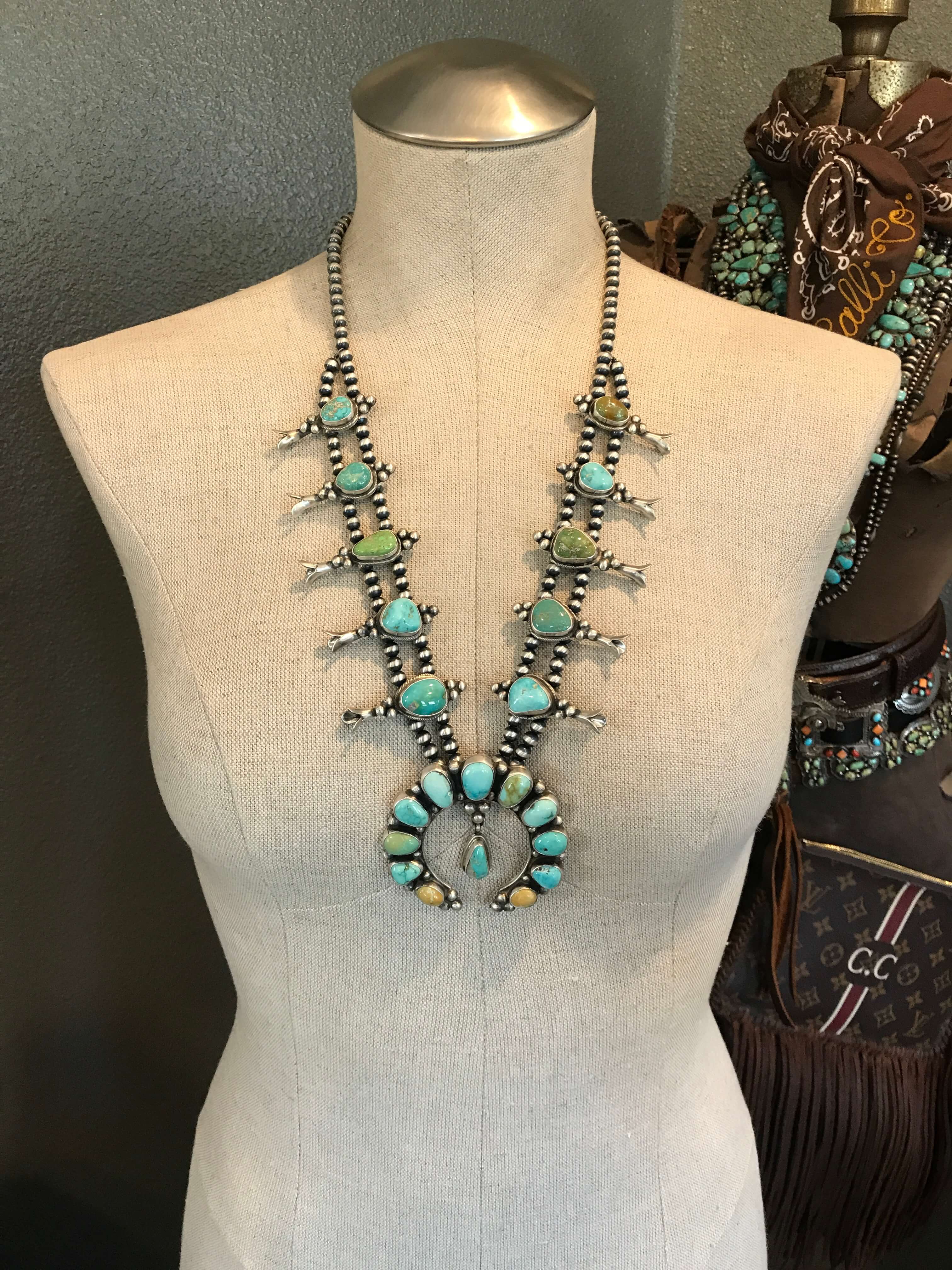 The Codee Turquoise Squash Blossom Necklace Set-Necklaces-Calli Co., Turquoise and Silver Jewelry, Native American Handmade, Zuni Tribe, Navajo Tribe, Brock Texas