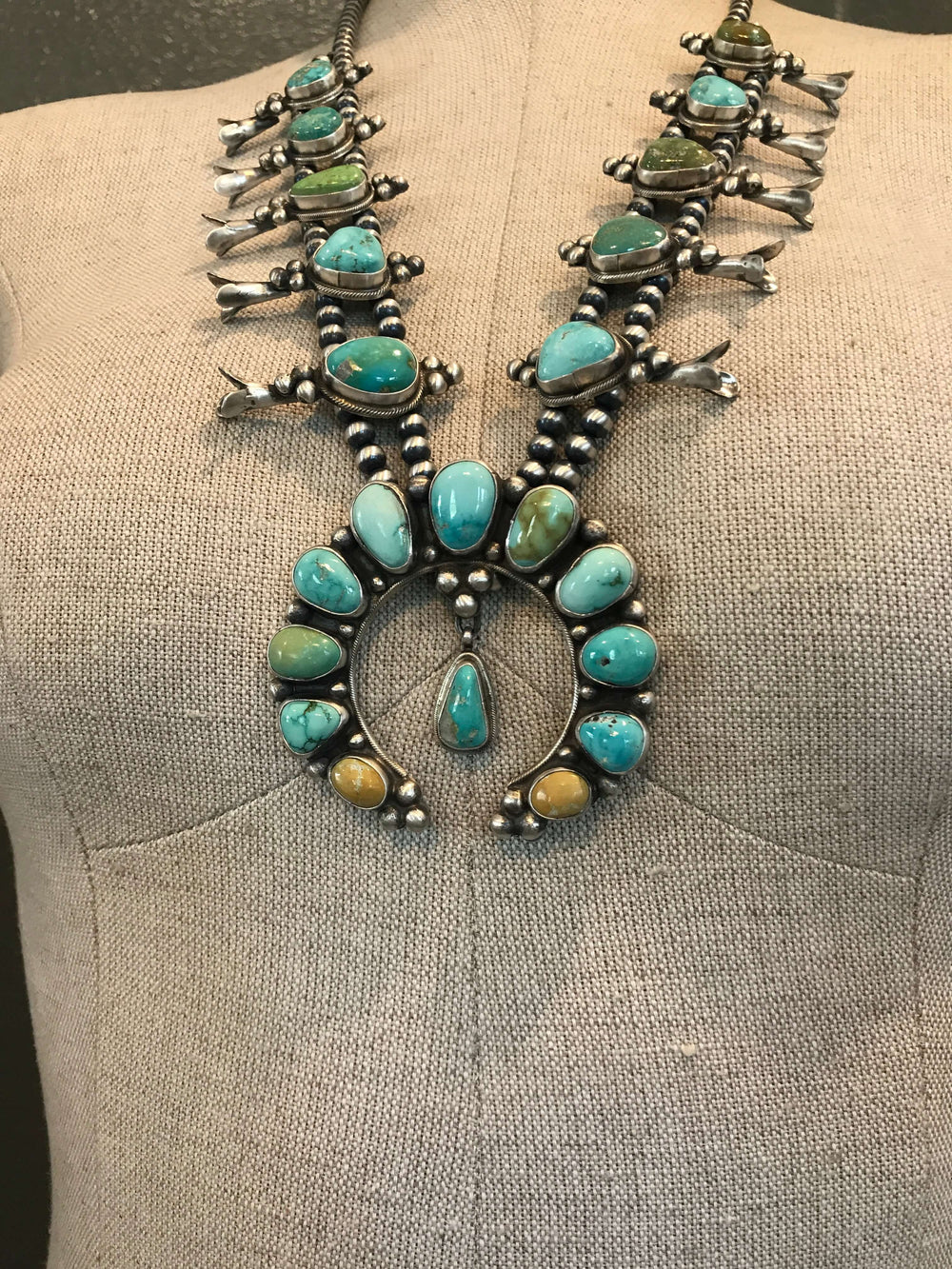 The Codee Turquoise Squash Blossom Necklace Set-Necklaces-Calli Co., Turquoise and Silver Jewelry, Native American Handmade, Zuni Tribe, Navajo Tribe, Brock Texas